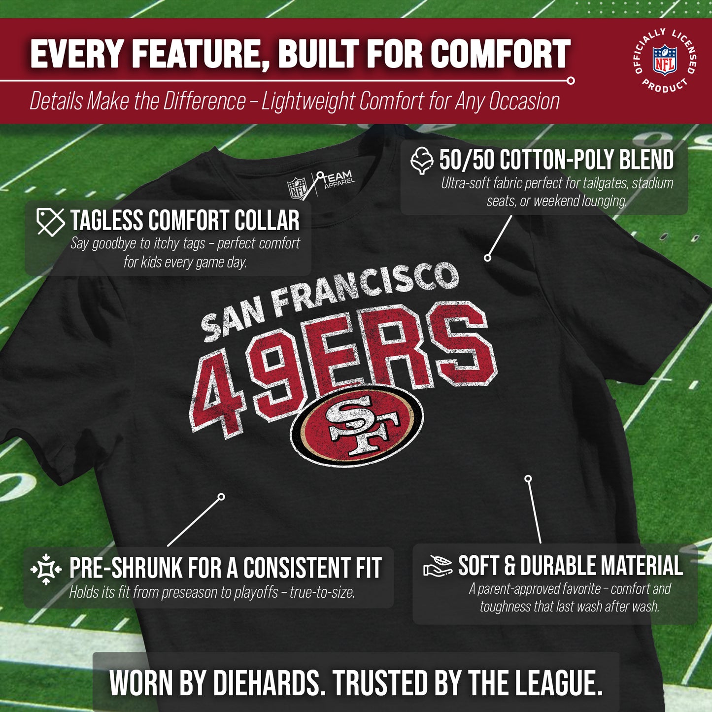 San Francisco 49ers NFL Youth Starting Fresh Tee- Pro Football Tag-Less T-Shirt For Boys & Girls - Black