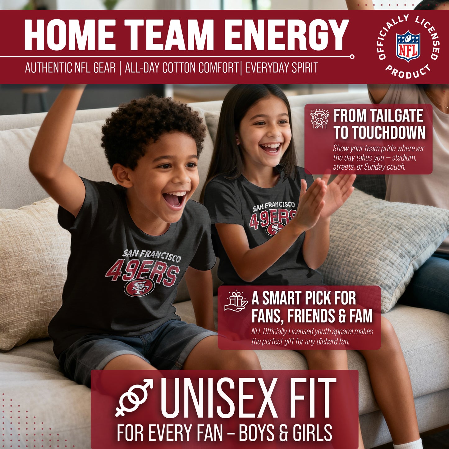 San Francisco 49ers NFL Youth Starting Fresh Tee- Pro Football Tag-Less T-Shirt For Boys & Girls - Black