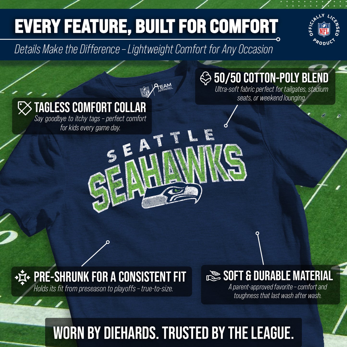 Seattle Seahawks NFL Youth Starting Fresh Tee- Pro Football Tag-Less T-Shirt For Boys & Girls - Navy