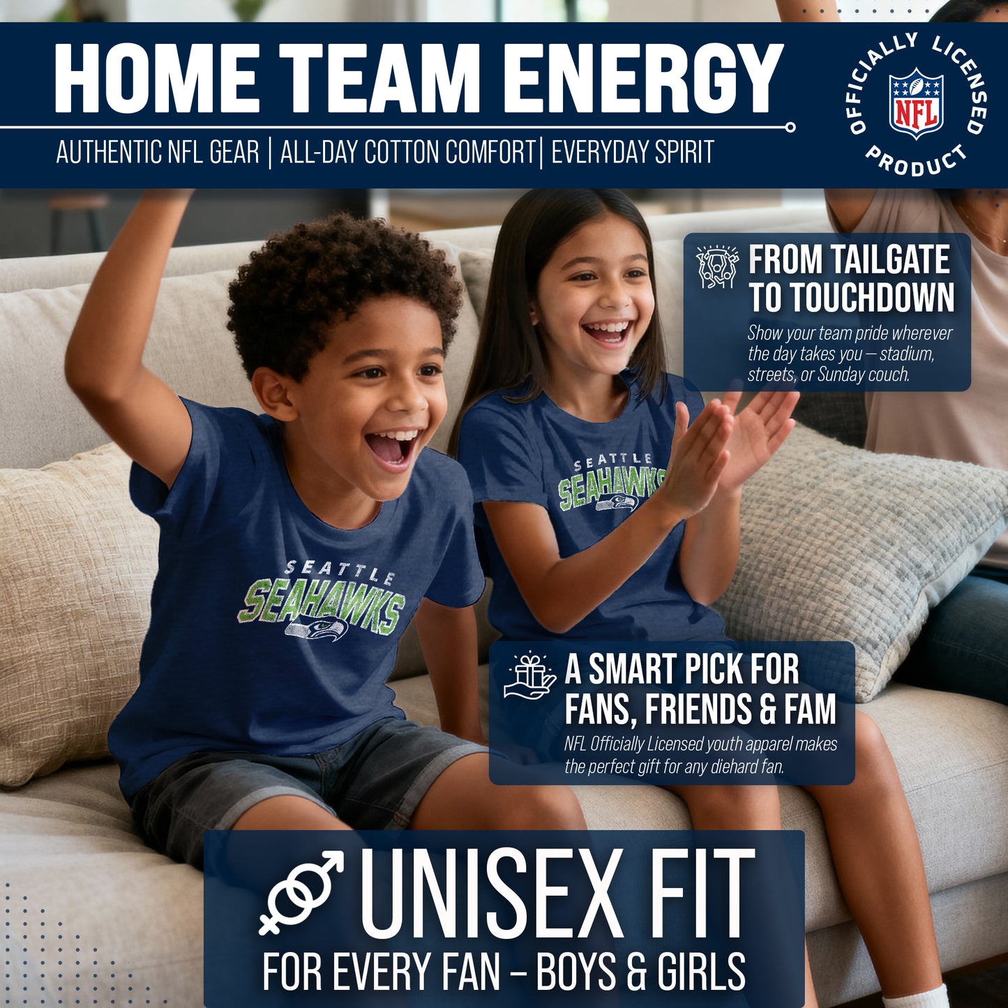 Seattle Seahawks NFL Youth Starting Fresh Tee- Pro Football Tag-Less T-Shirt For Boys & Girls - Navy