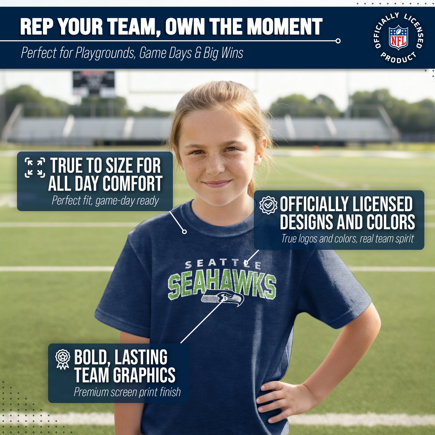 Seattle Seahawks NFL Youth Starting Fresh Tee- Pro Football Tag-Less T-Shirt For Boys & Girls - Navy