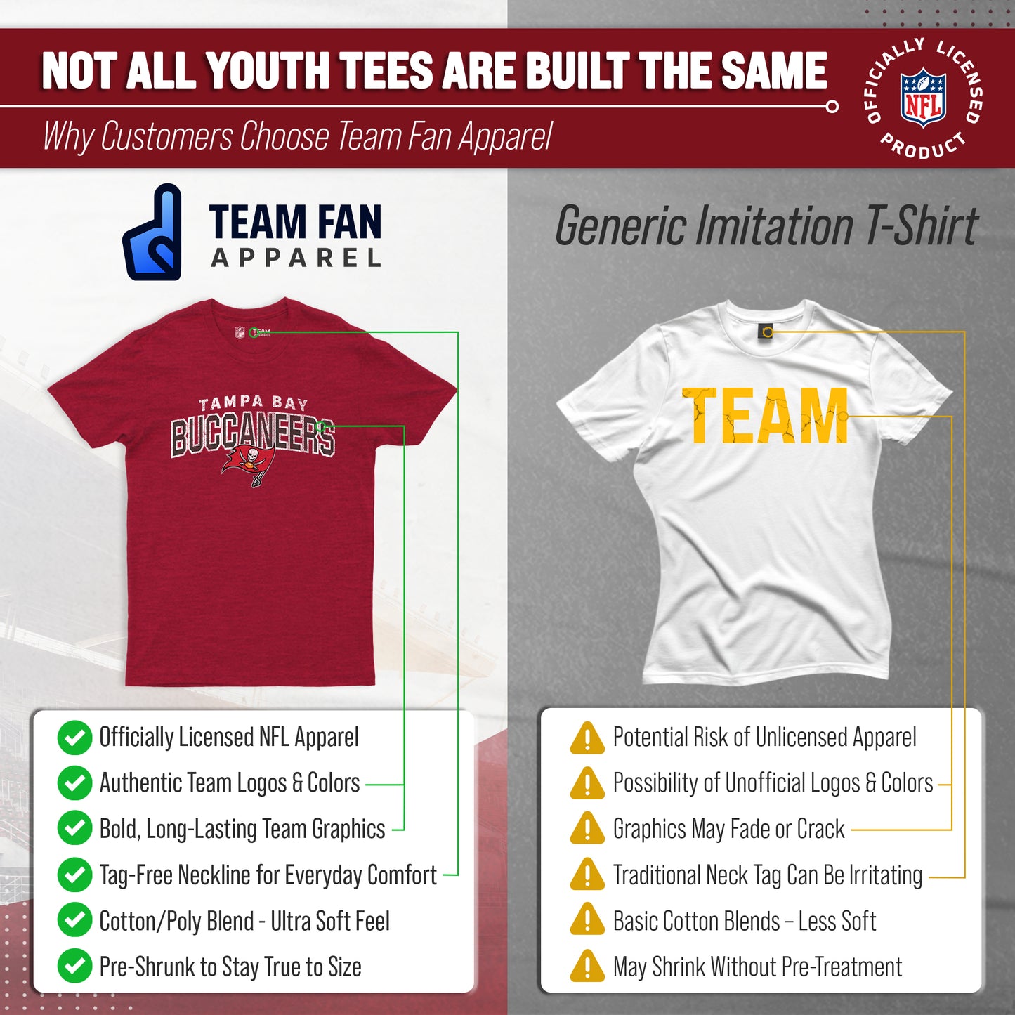 Tampa Bay Buccaneers NFL Youth Starting Fresh Tee- Pro Football Tag-Less T-Shirt For Boys & Girls - Red