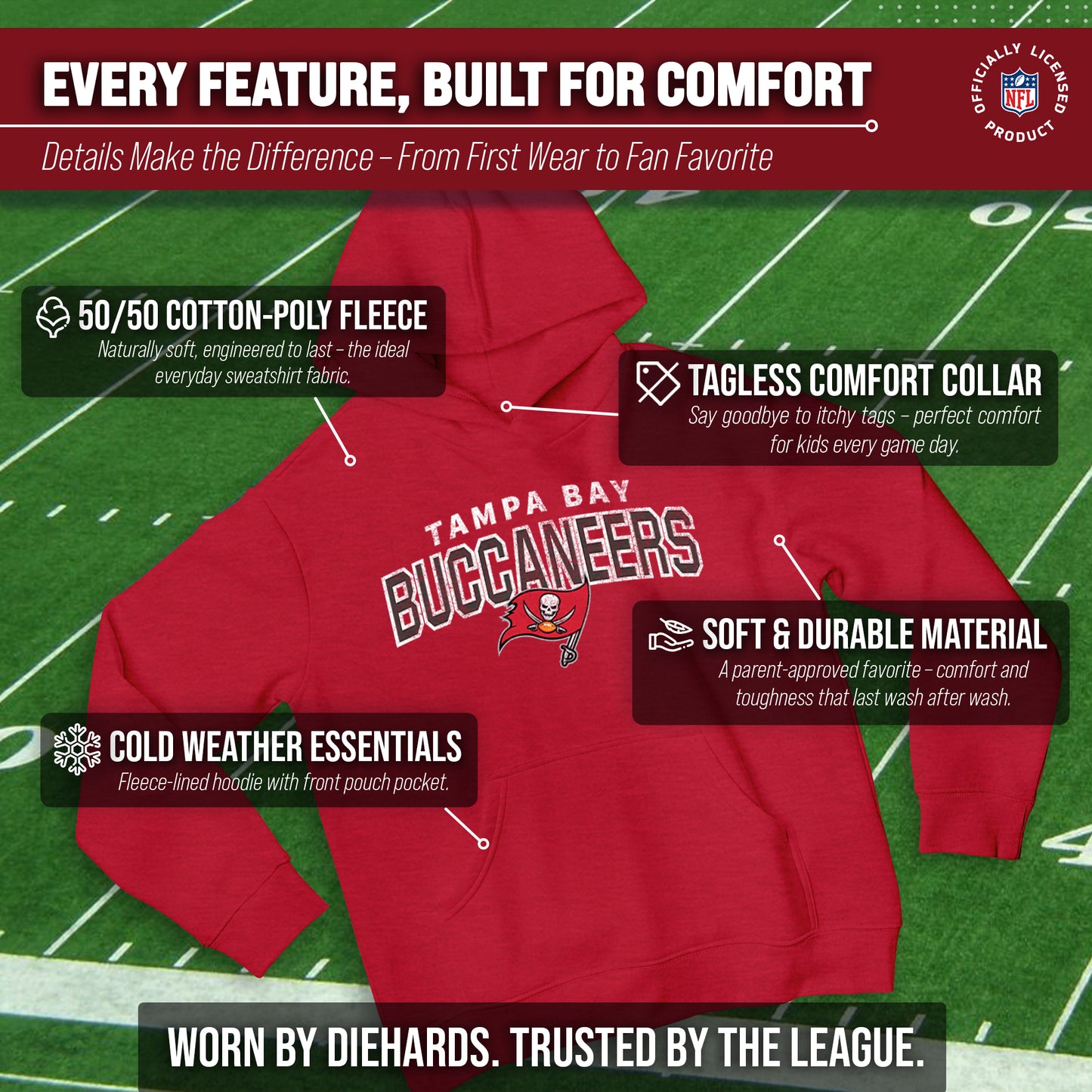 Tampa Bay Buccaneers NFL Youth Starting Fresh Hoodie- Pro Football Sweatshirt for Boys and Girls - Red