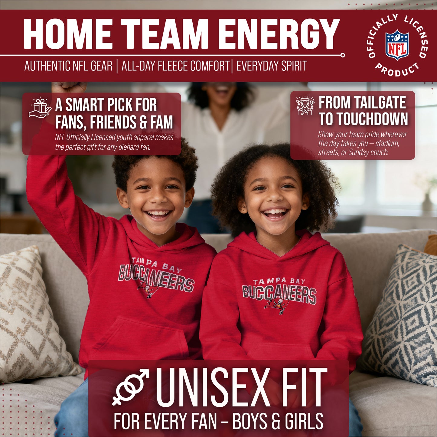 Tampa Bay Buccaneers NFL Youth Starting Fresh Hoodie- Pro Football Sweatshirt for Boys and Girls - Red