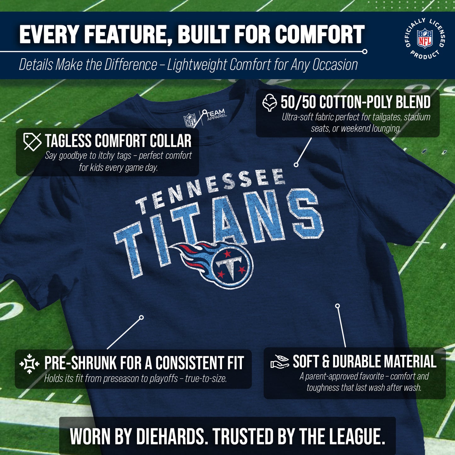 Tennessee Titans NFL Youth Starting Fresh Tee- Pro Football Tag-Less T-Shirt For Boys & Girls - Navy