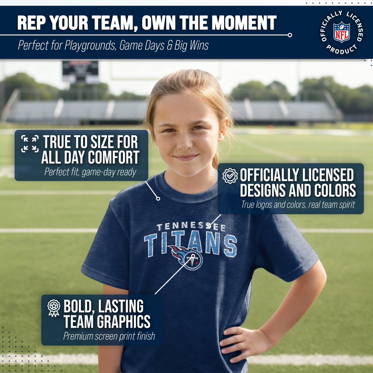 Tennessee Titans NFL Youth Starting Fresh Tee- Pro Football Tag-Less T-Shirt For Boys & Girls - Navy
