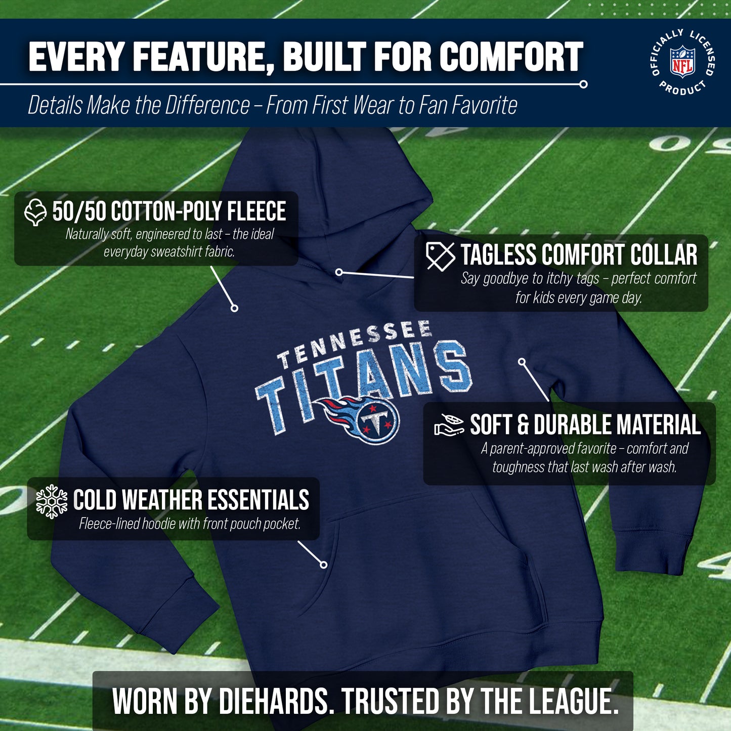 Tennessee Titans NFL Youth Starting Fresh Hoodie- Pro Football Sweatshirt for Boys and Girls - Navy