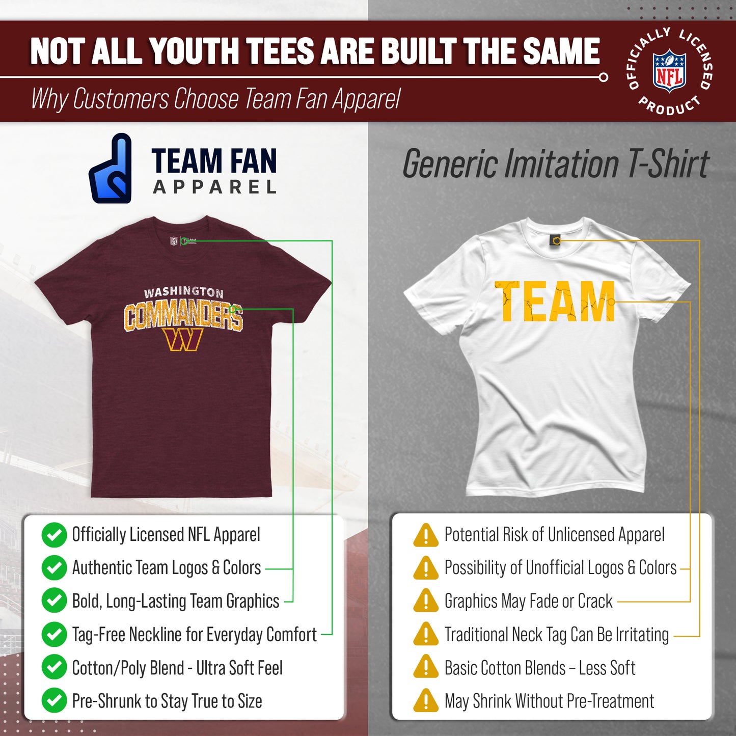Washington Commanders NFL Youth Starting Fresh Tee- Pro Football Tag-Less T-Shirt For Boys & Girls - Maroon
