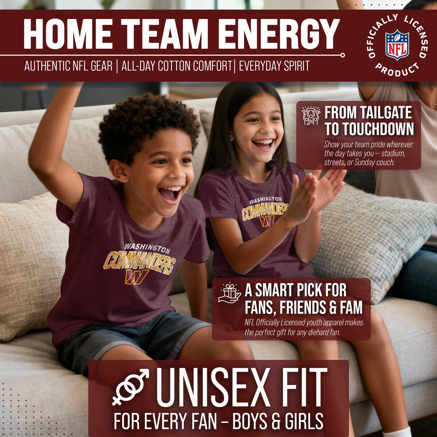 Washington Commanders NFL Youth Starting Fresh Tee- Pro Football Tag-Less T-Shirt For Boys & Girls - Maroon