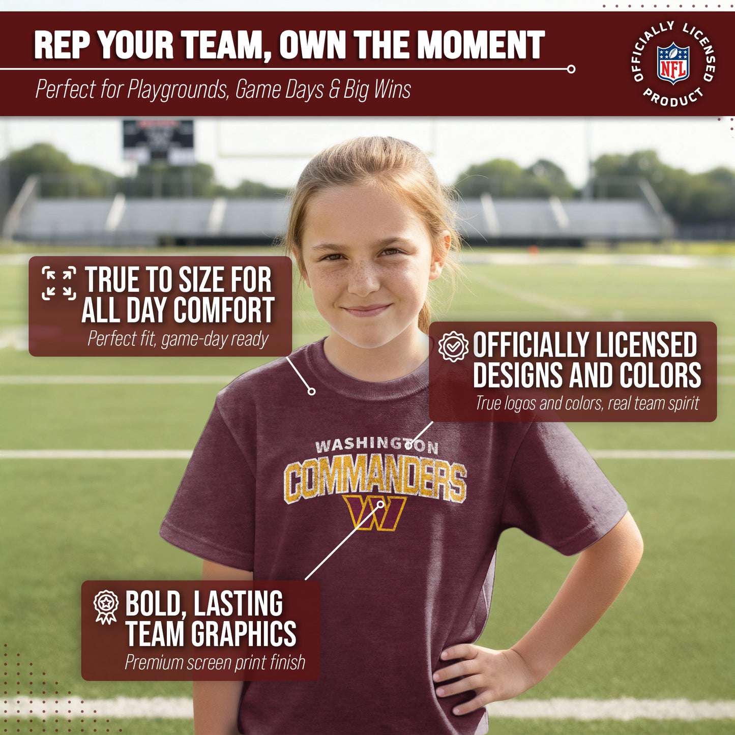 Washington Commanders NFL Youth Starting Fresh Tee- Pro Football Tag-Less T-Shirt For Boys & Girls - Maroon