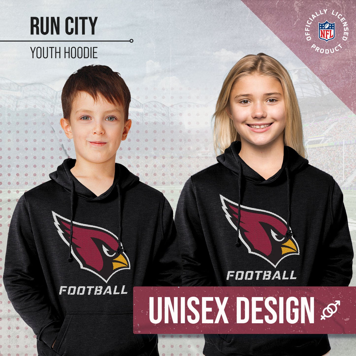 Arizona Cardinals NFL Youth Run City Hoodie- Kids Pro Football Pullover Sweatshirt- Officially Licensed - Black
