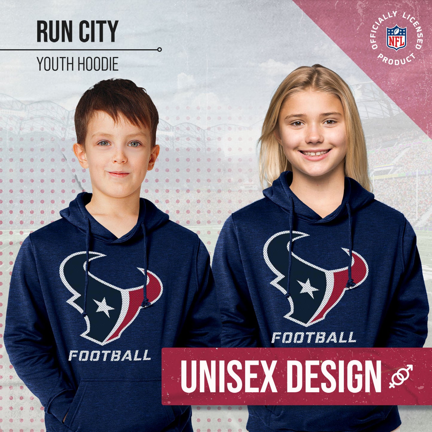 Houston Texans NFL Youth Run City Hoodie- Kids Pro Football Pullover Sweatshirt- Officially Licensed - Navy