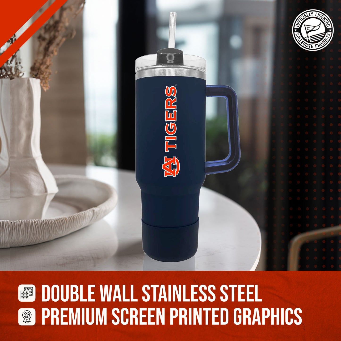 Auburn Tigers College & University 40 oz Travel Tumbler With Handle - Navy