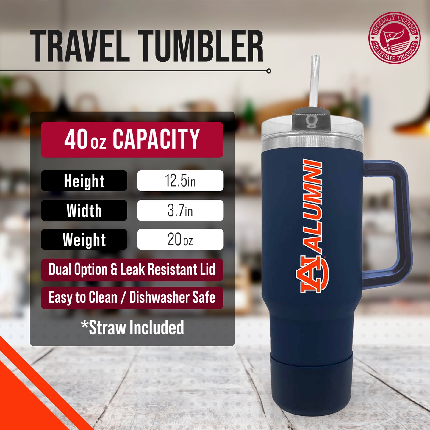 Auburn Tigers Collegiate 40oz Stainless Steel Travel Tumbler with Handle for Alumni - Navy