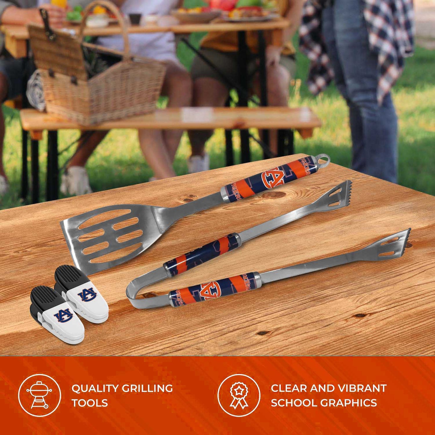 Auburn Tigers Collegiate University Two Piece Grilling Tools Set with 2 Magnet Chip Clips - Chrome