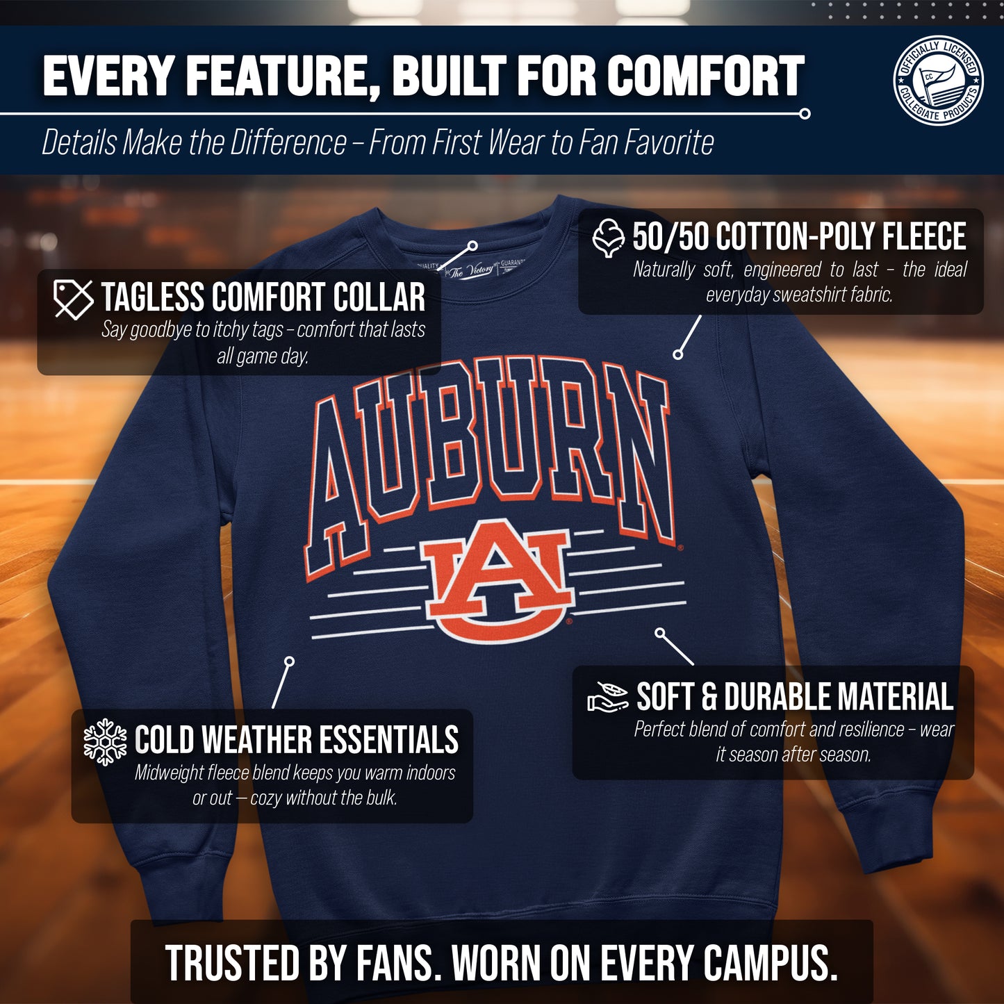 Auburn Tigers NCAA Adult Unisex Overtime Classics Crewneck Fleece Sweatshirt - Navy