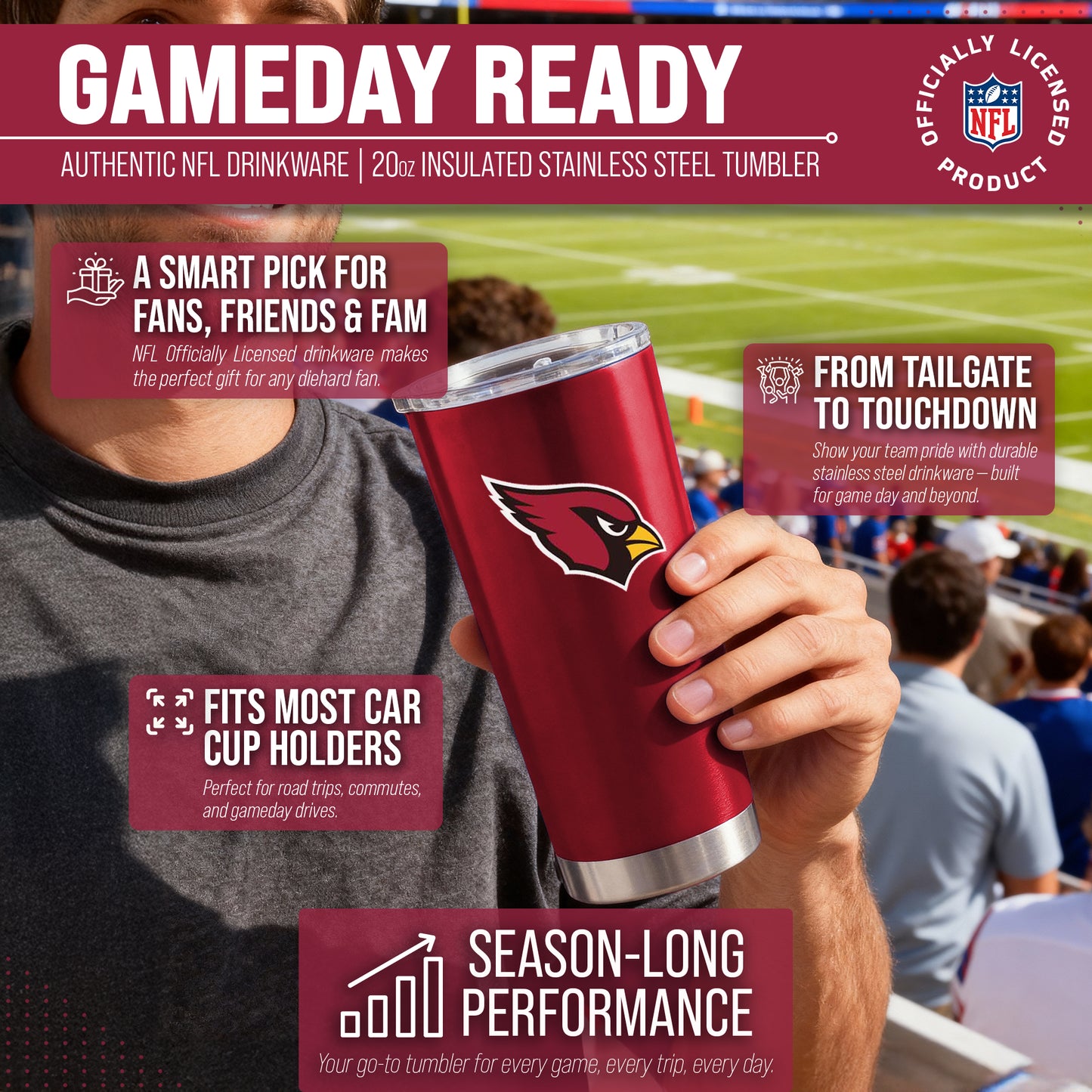 Arizona Cardinals NFL 20oz Gameday Stainless Steel Tumbler - Cardinal