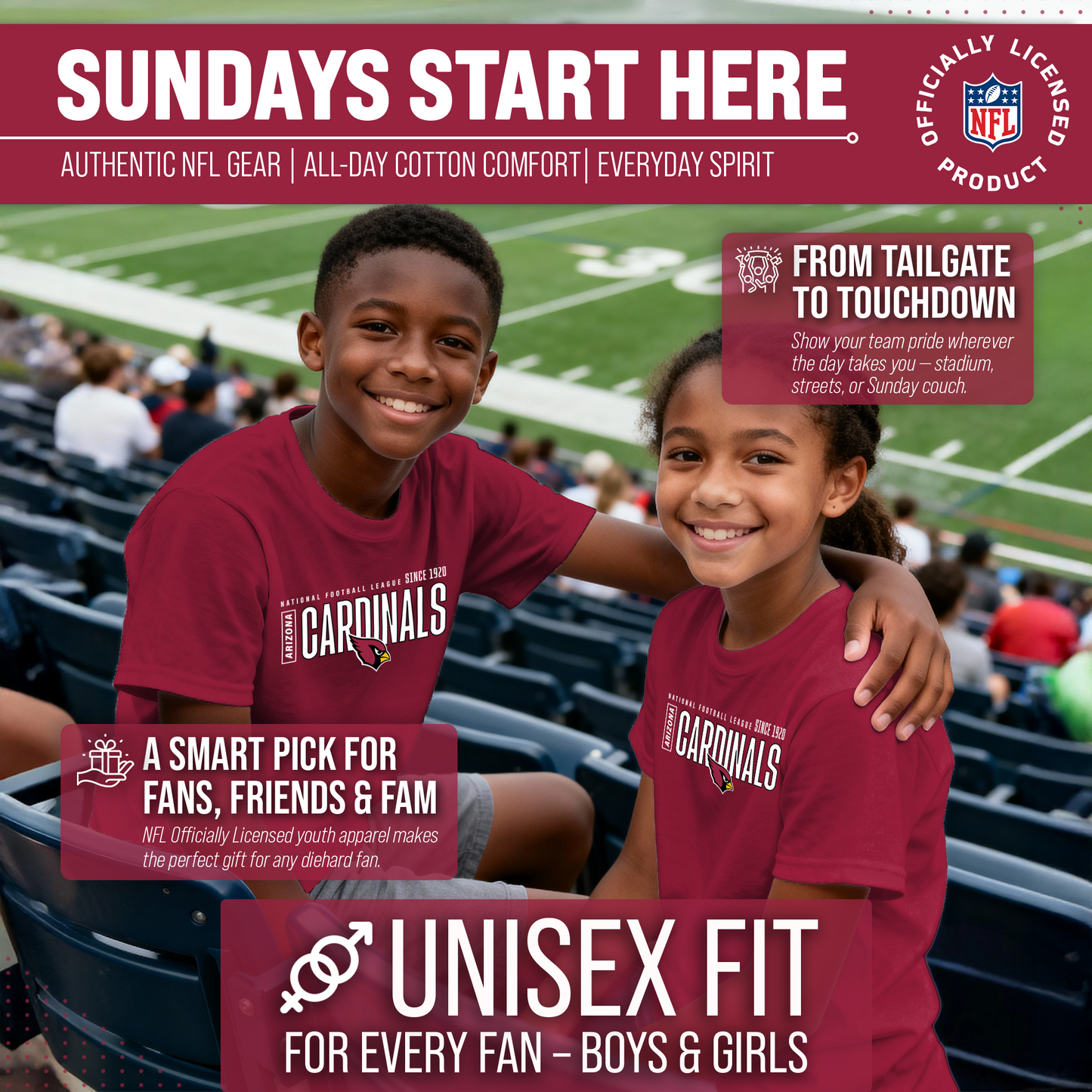 Arizona Cardinals NFL Youth Modern Endzone Football T-Shirt Unisex Tag Free Comfortable - Cardinal