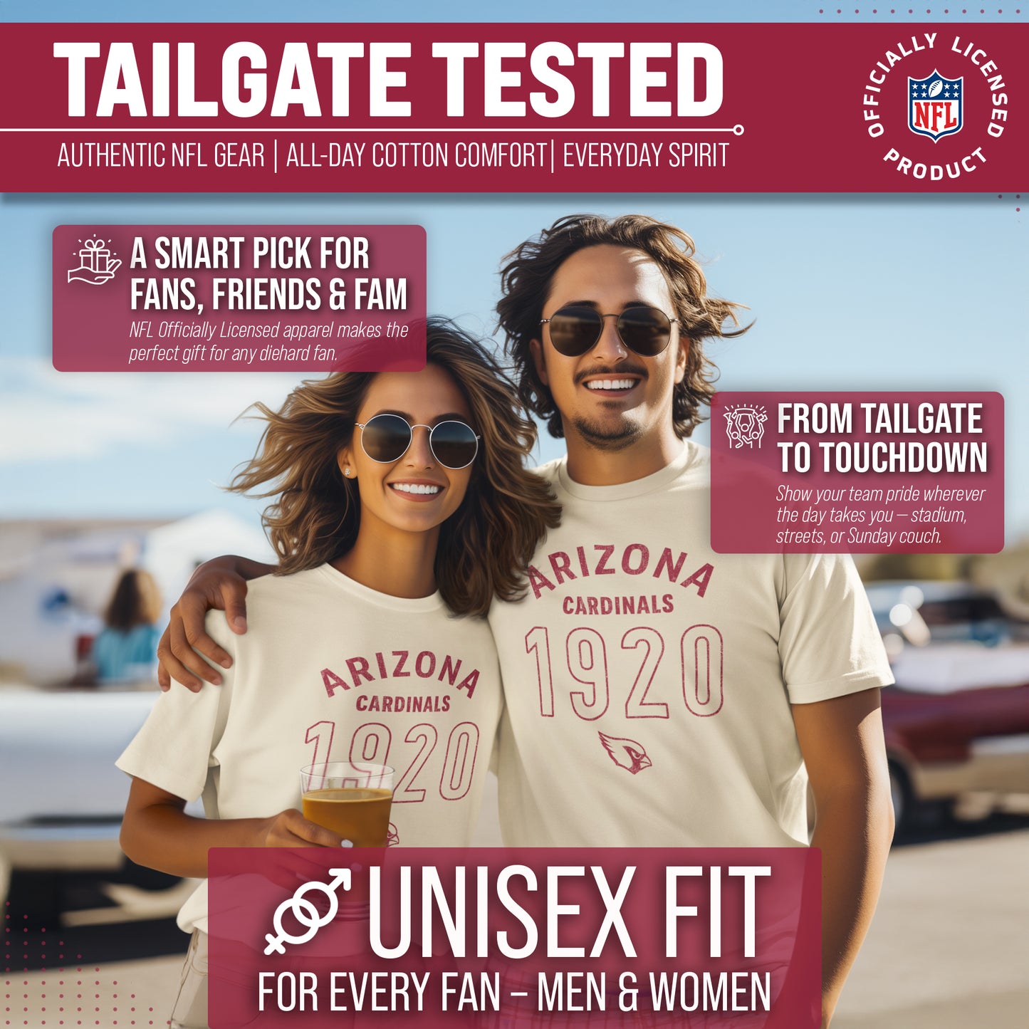 Arizona Cardinals NFL Adult Big Date Tag-Less T-Shirt - Natural