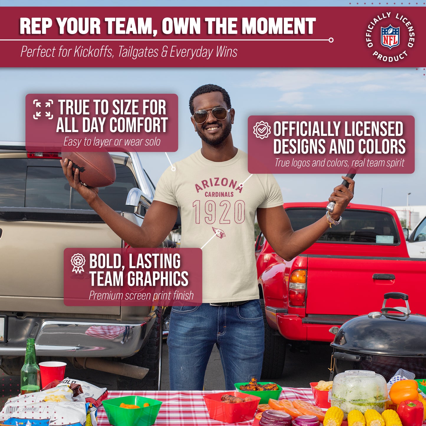 Arizona Cardinals NFL Adult Big Date Tag-Less T-Shirt - Natural