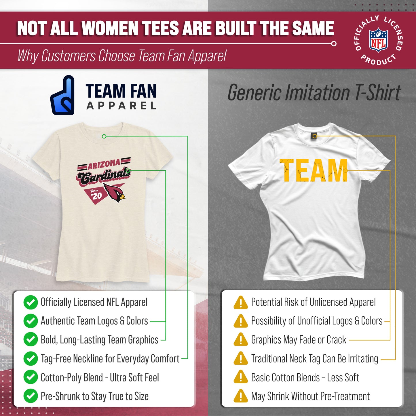 Arizona Cardinals NFL Womens Vintage Charm Tag-Less Soft T-Shirt - Birch
