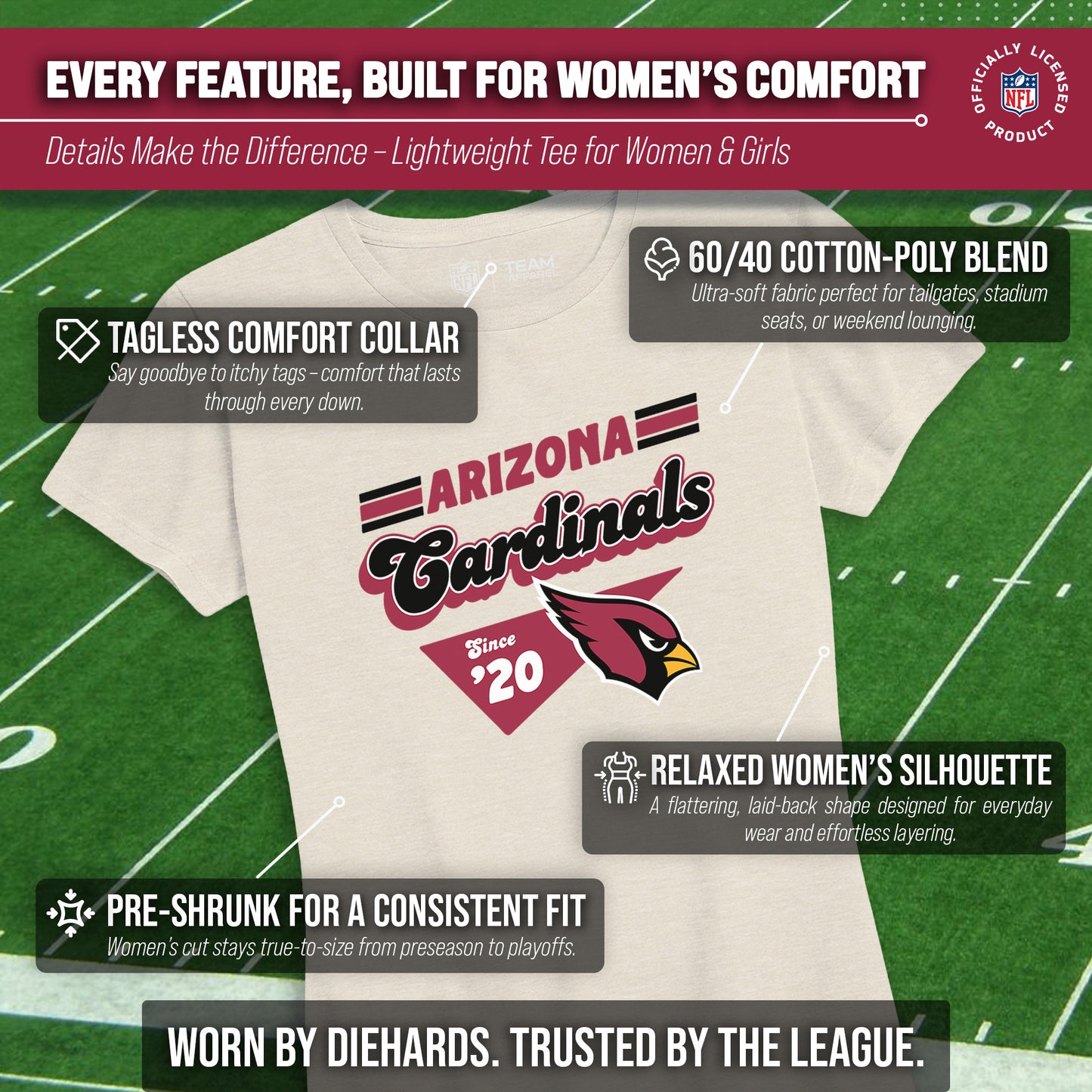 Arizona Cardinals NFL Womens Vintage Charm Tag-Less Soft T-Shirt - Birch