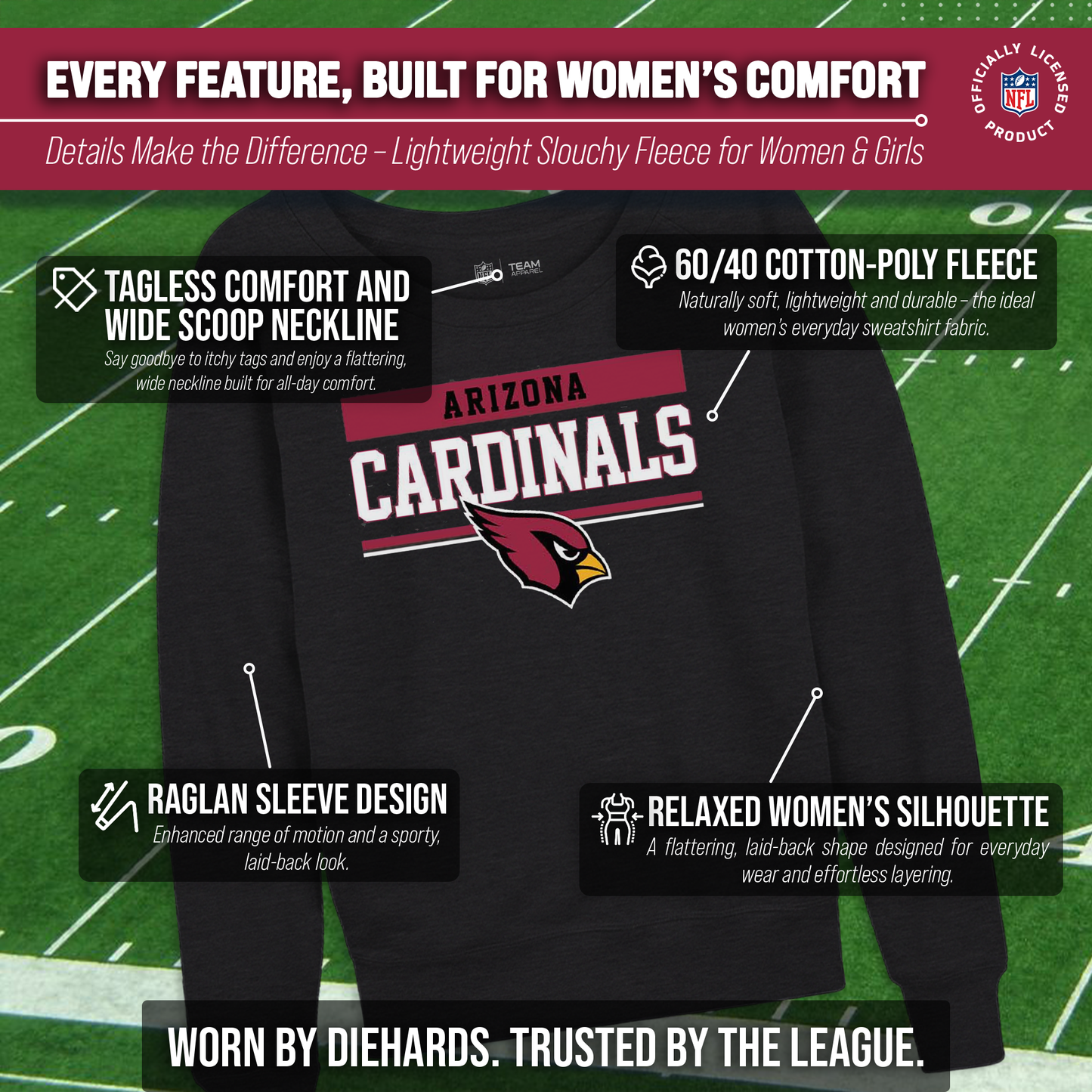 Arizona Cardinals NFL Womens Charcoal Crew Neck Football Apparel - Charcoal