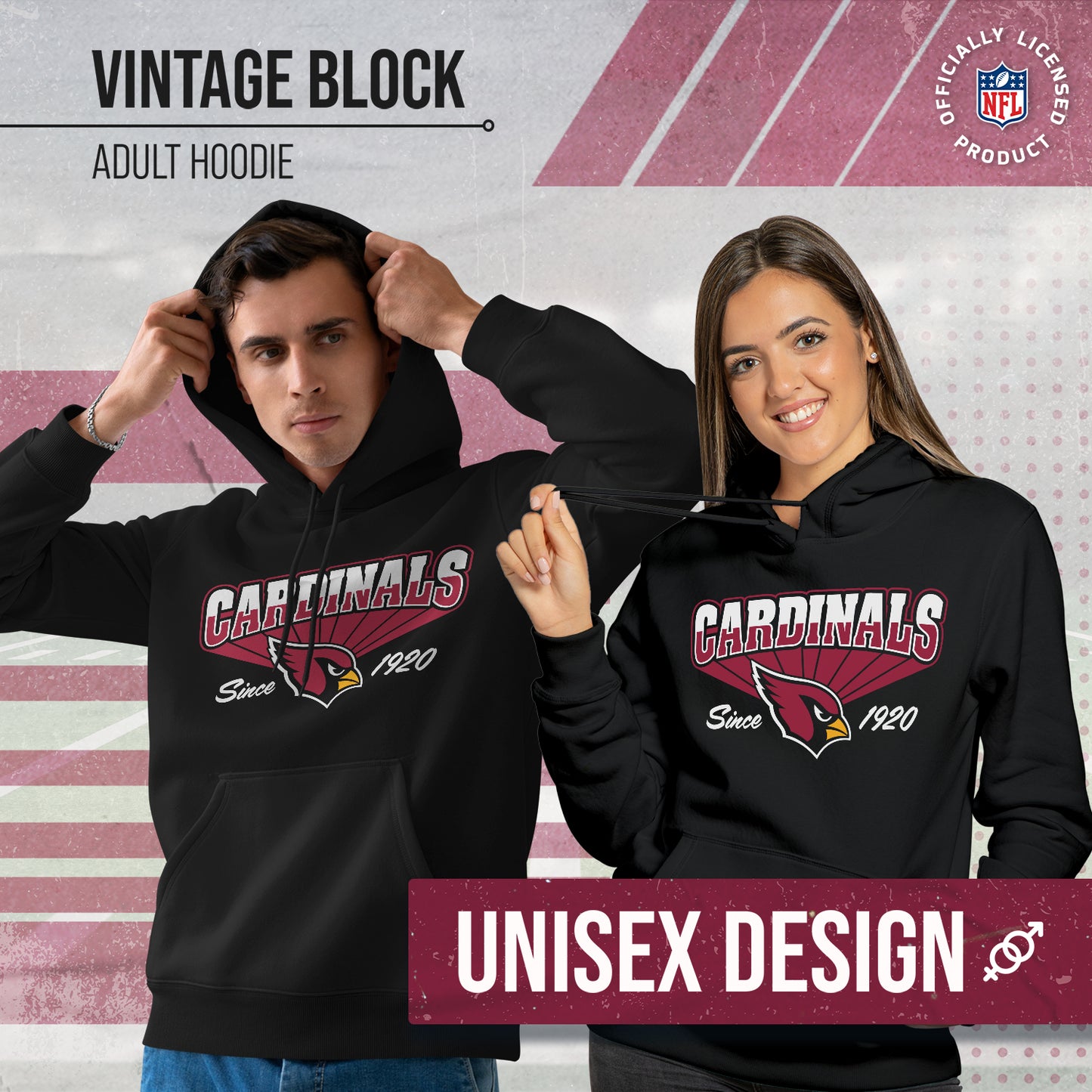 Arizona Cardinals NFL Adult Unisex Vintage Block Ultra Soft Fleece Hooded Sweatshirt - Black