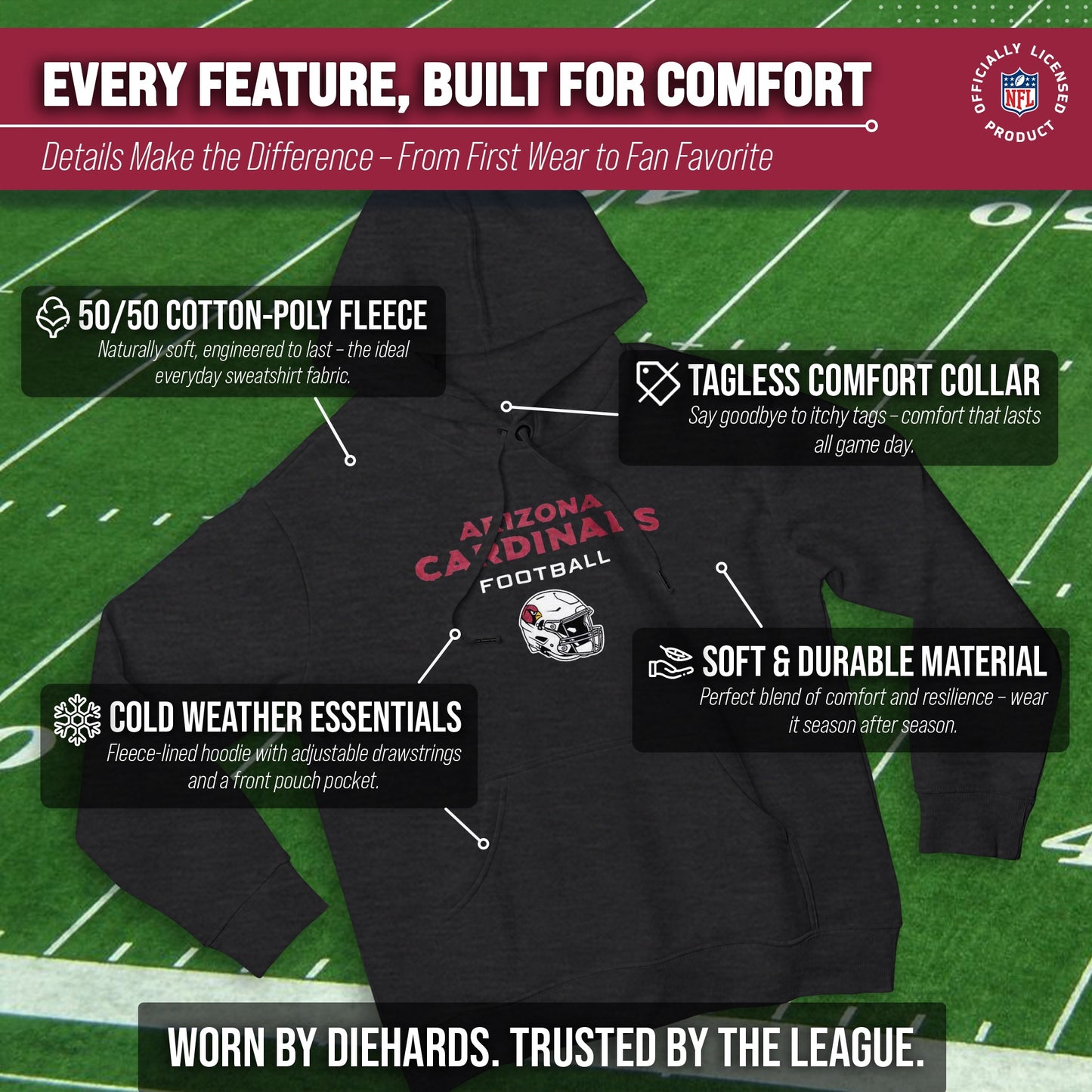 Arizona Cardinals Adult NFL Football Helmet Heather Hooded Sweatshirt  - Charcoal