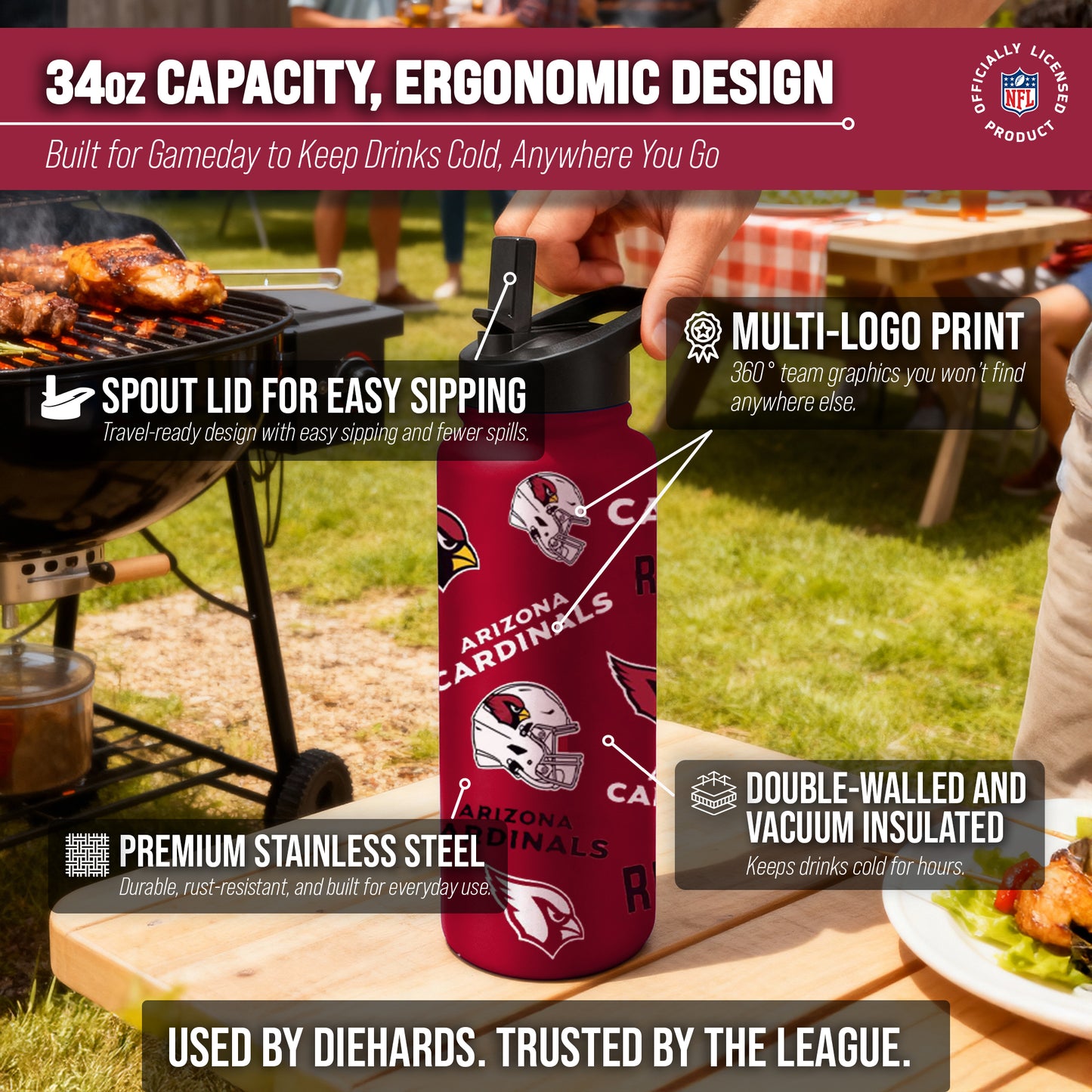 Arizona Cardinals NFL 34oz Quencher Stainless Steel Insulated Water Bottle - Cardinal