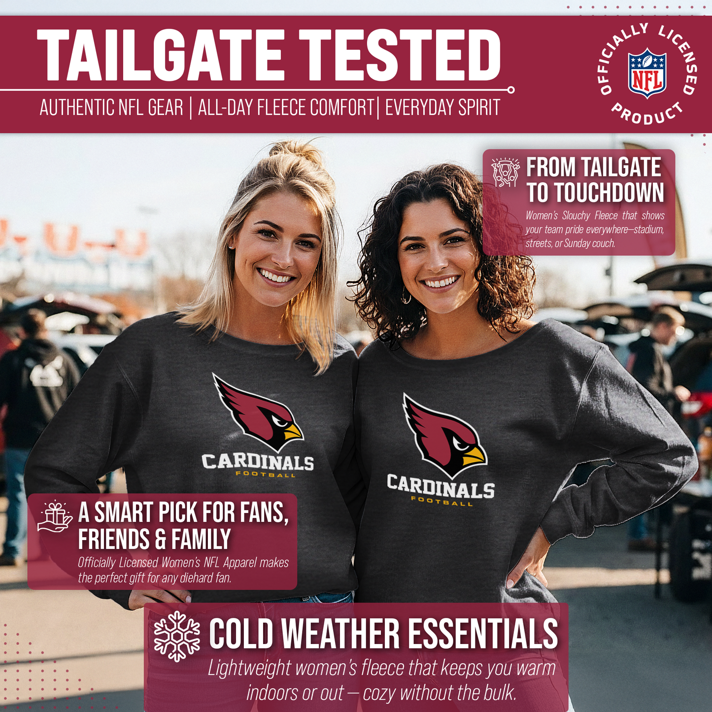 Arizona Cardinals Women's NFL Ultimate Fan Logo Slouchy Crewneck -Tagless Fleece Lightweight Pullover - Charcoal