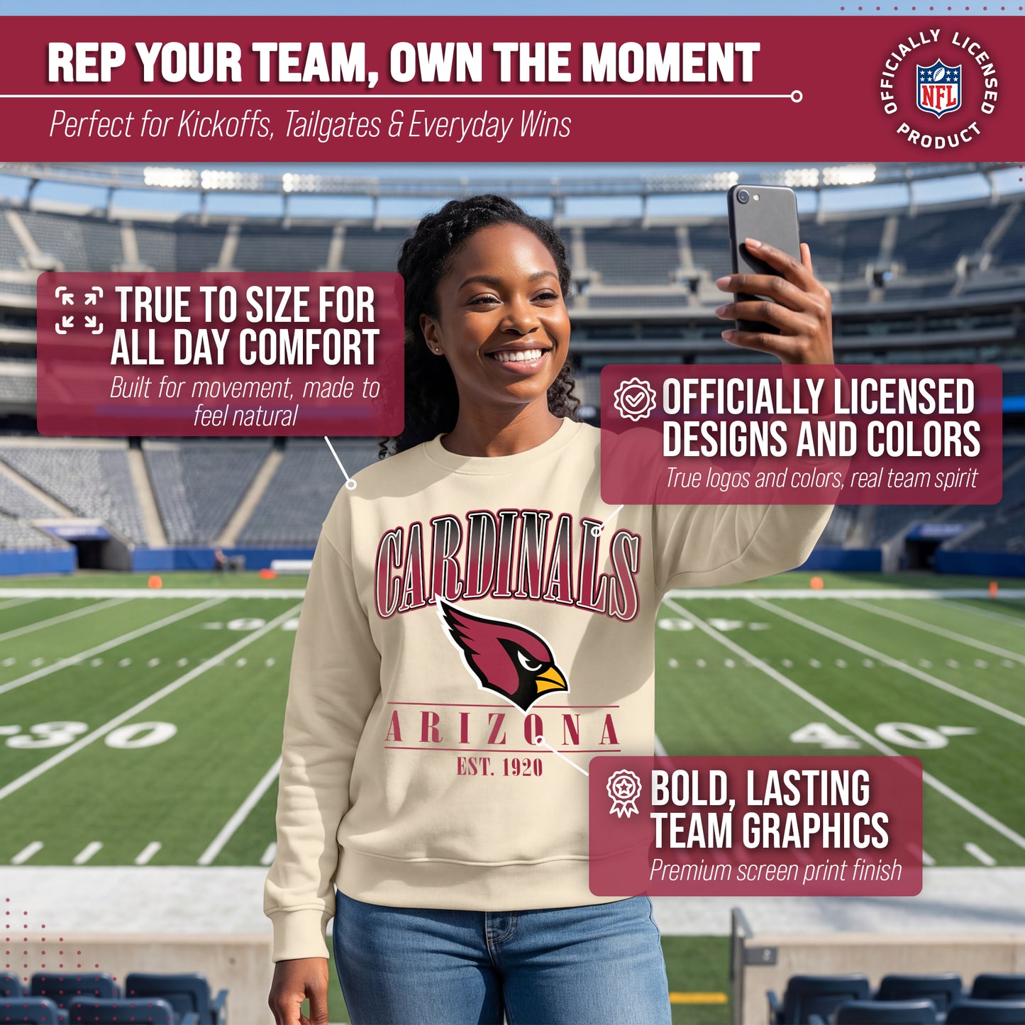 Arizona Cardinals Womens NFL Starstruck Crewneck Pullover - Cream