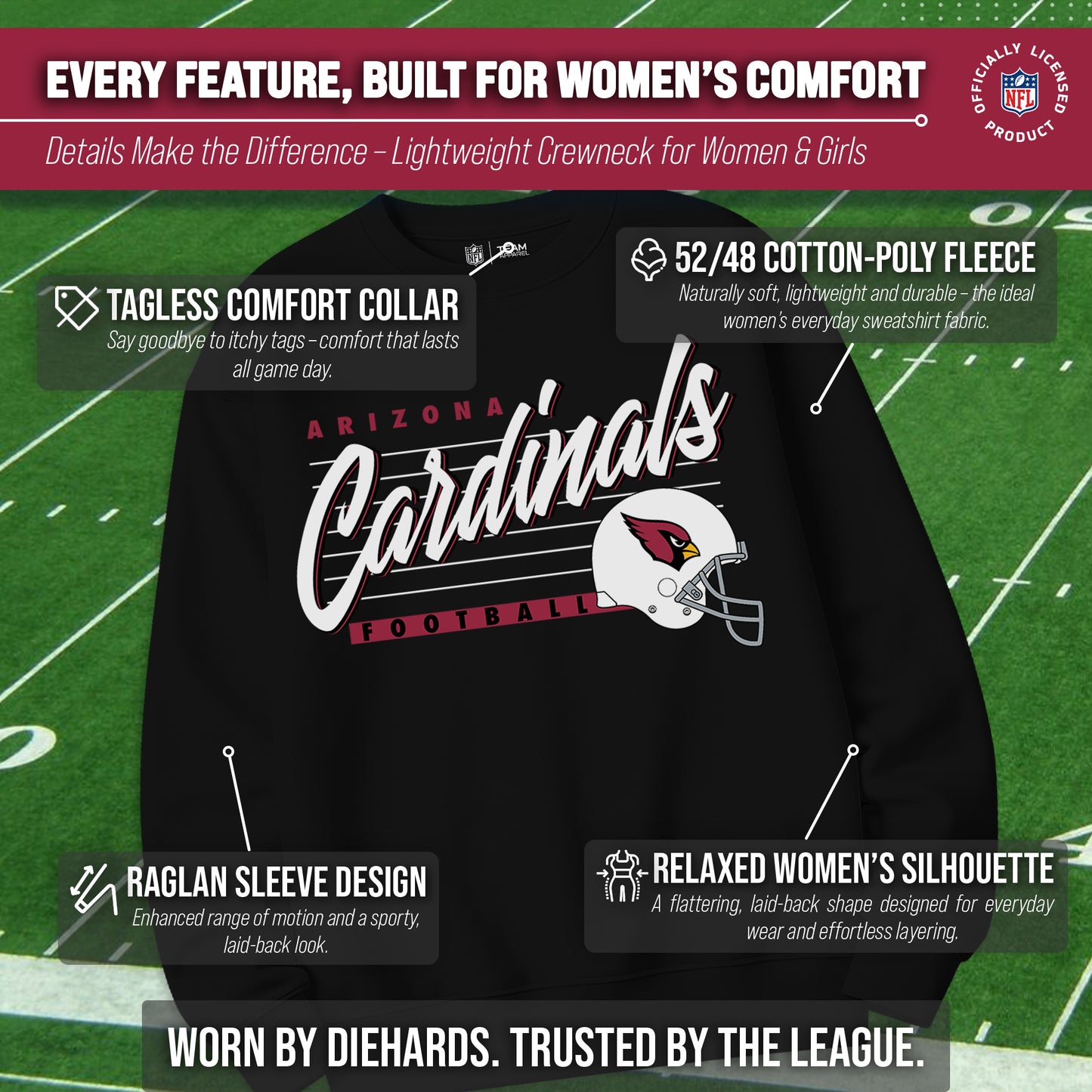 Arizona Cardinals Womens NFL Scrimmage Line Crewneck Pullover - Black