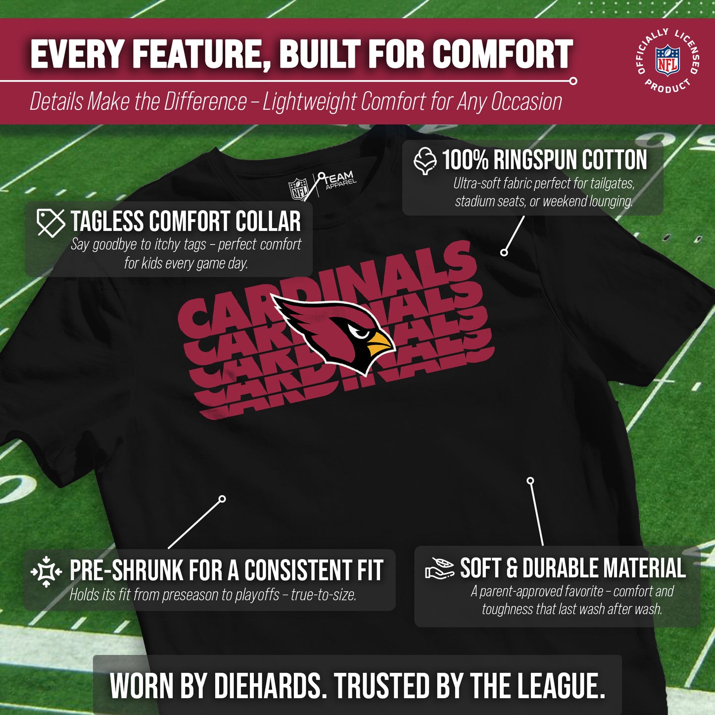 Arizona Cardinals NFL Youth Repeating Logo Football T-Shirt Unisex Tag Free Comfortable - Black