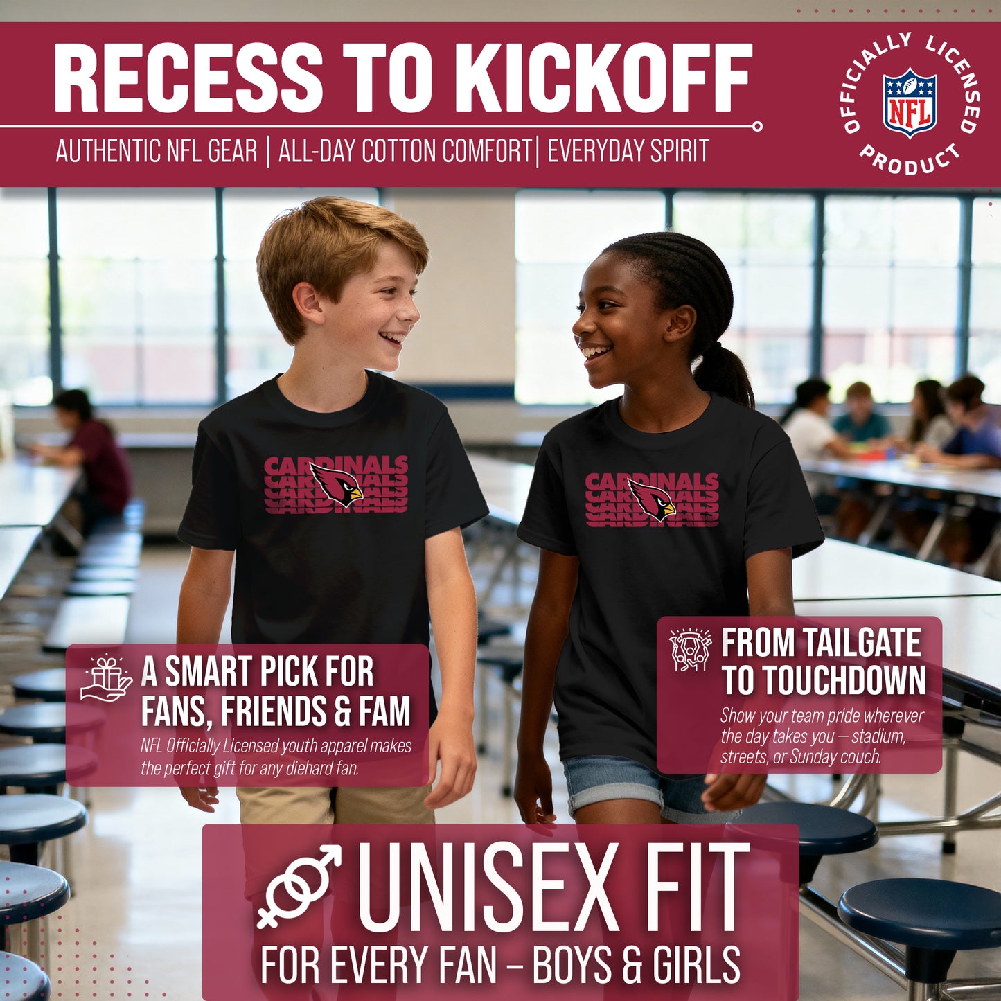 Arizona Cardinals NFL Youth Repeating Logo Football T-Shirt Unisex Tag Free Comfortable - Black