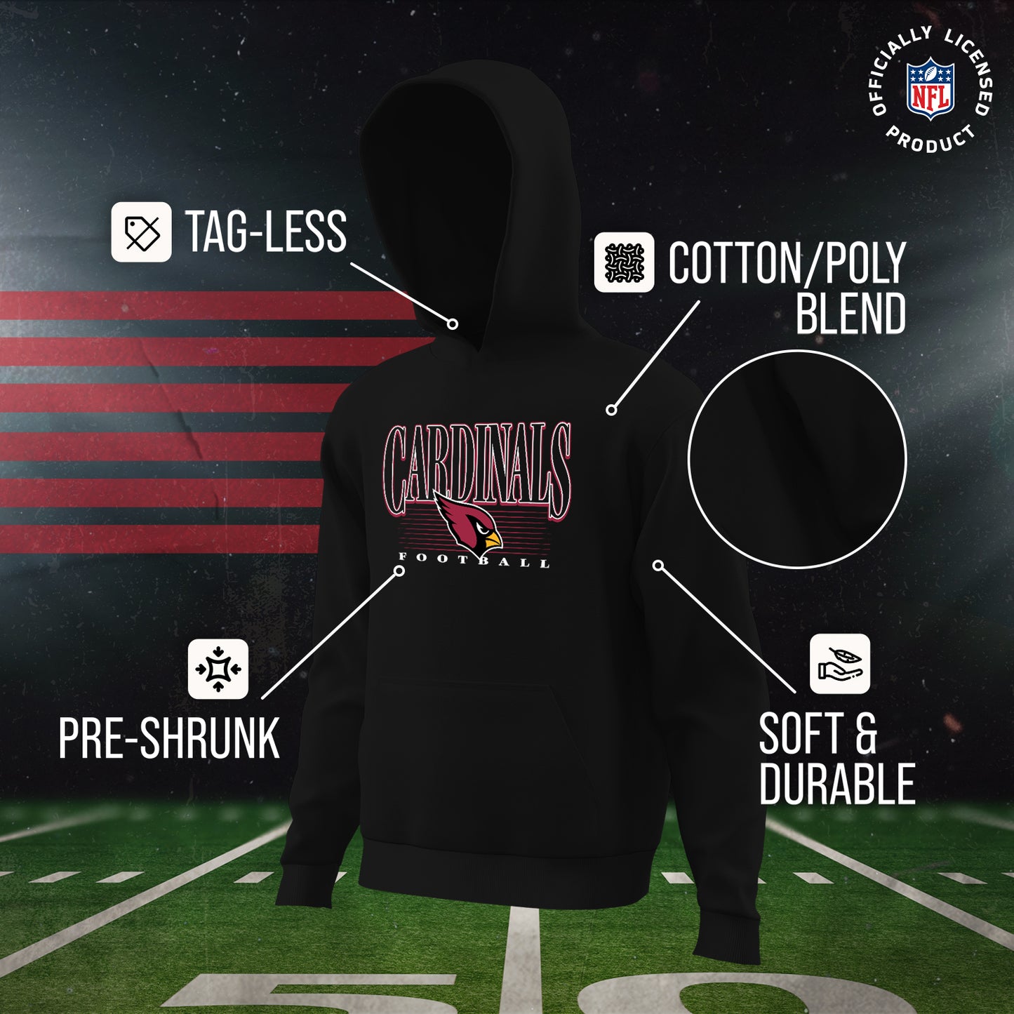 Arizona Cardinals NFL Youth Overtime Blueprint Football Fleece Hooded Sweatshirt - Black