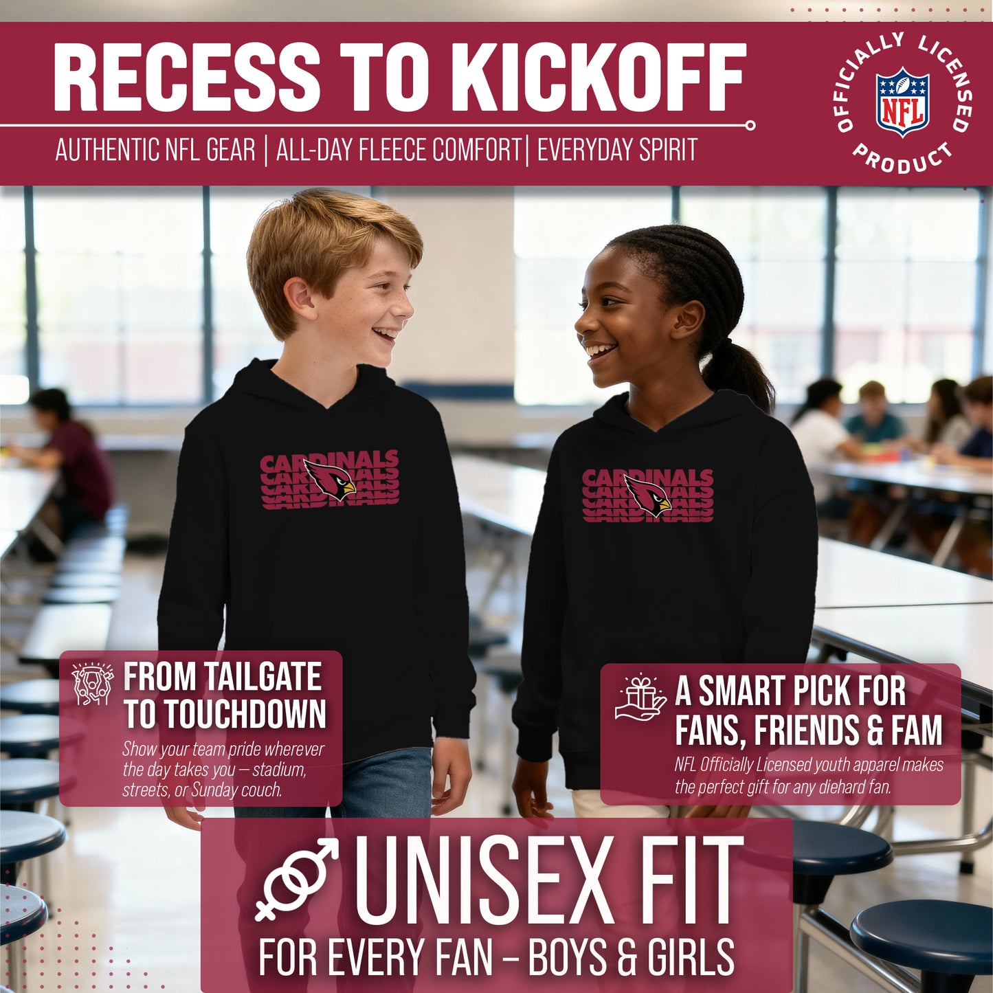 Arizona Cardinals NFL Youth Repeating Logo Football Fleece Hooded Sweatshirt - Black