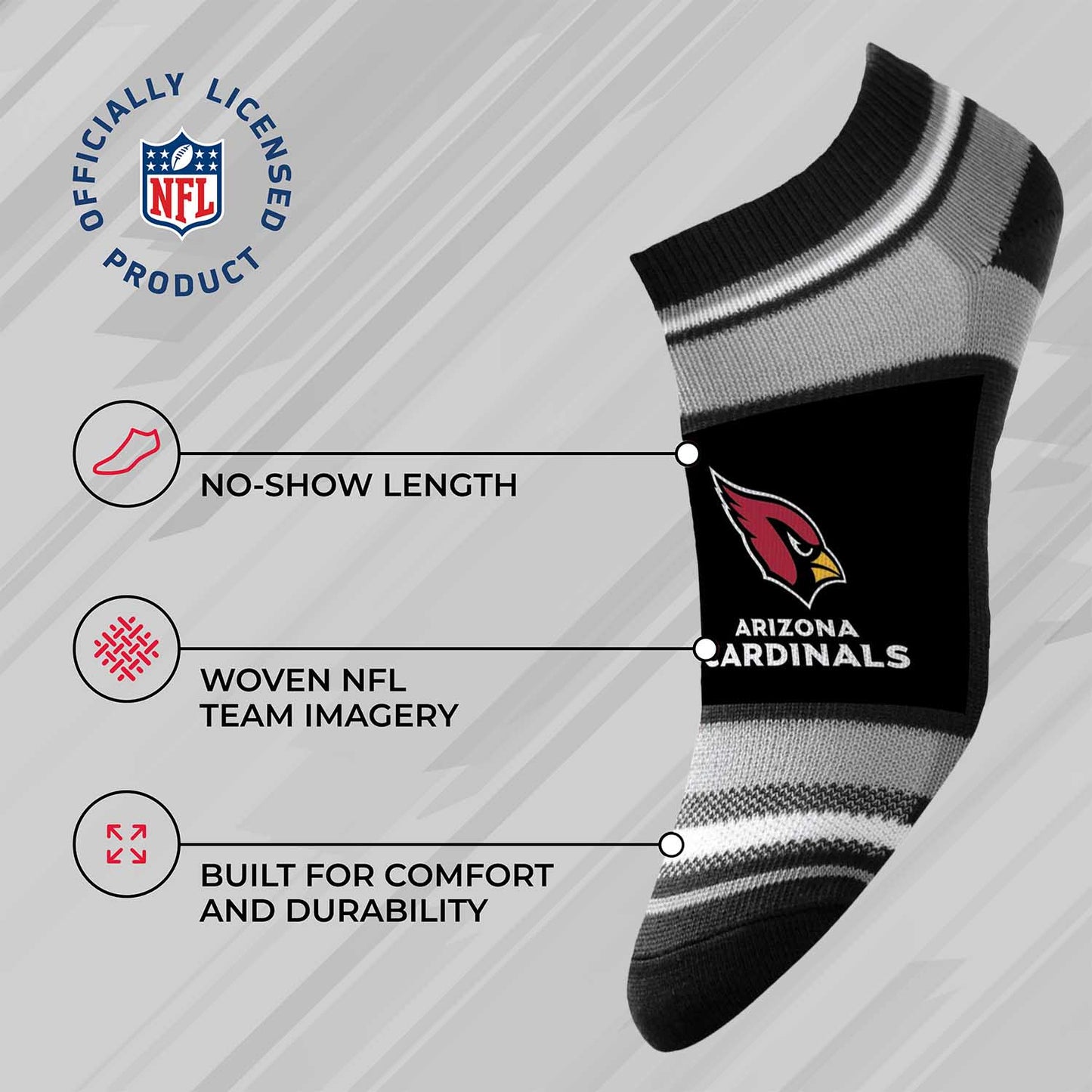 Arizona Cardinals Adult Marquis Addition No Show Socks - Black