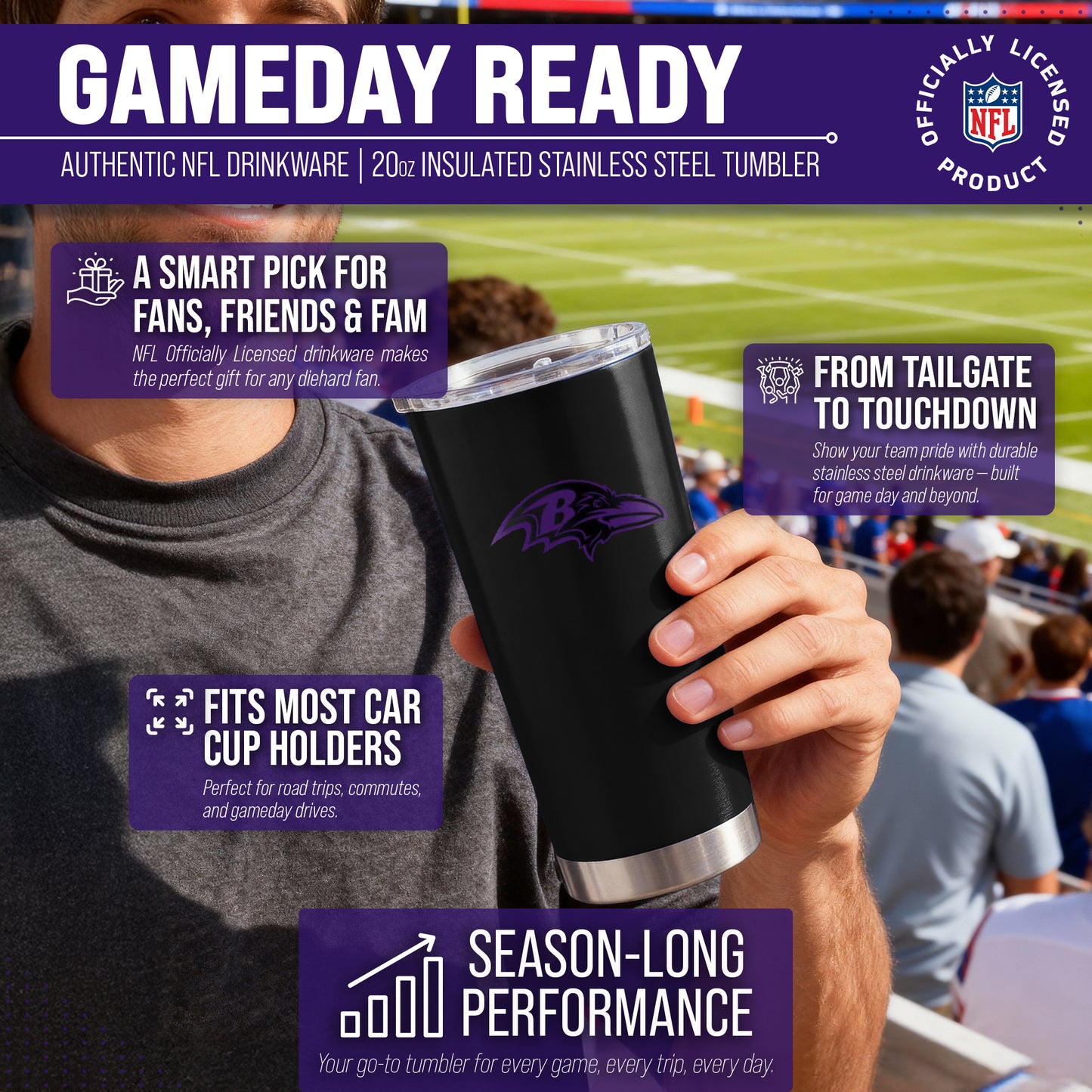 Baltimore Ravens NFL 20oz Gameday Stainless Steel Tumbler - Black