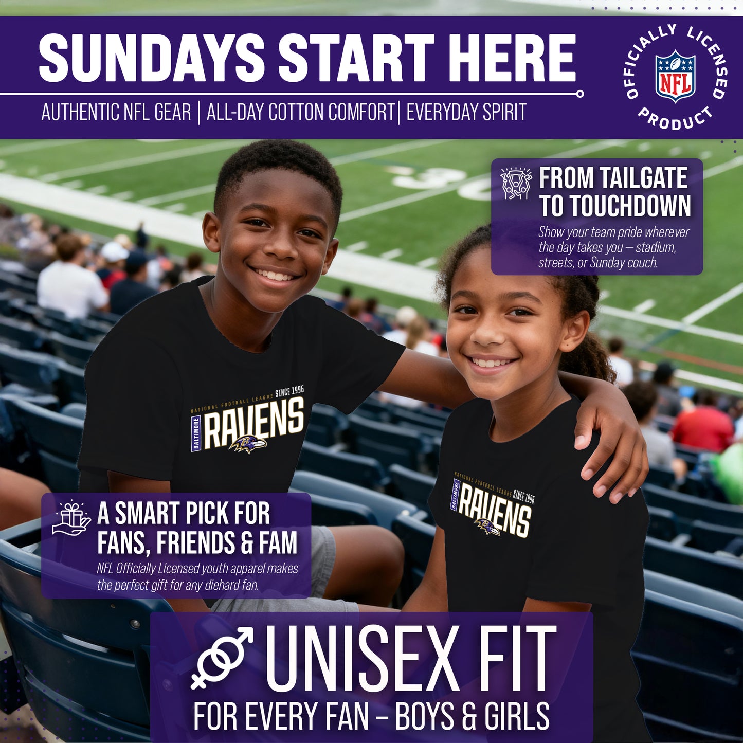 Baltimore Ravens NFL Youth Modern Endzone Football T-Shirt Unisex Tag Free Comfortable - Black