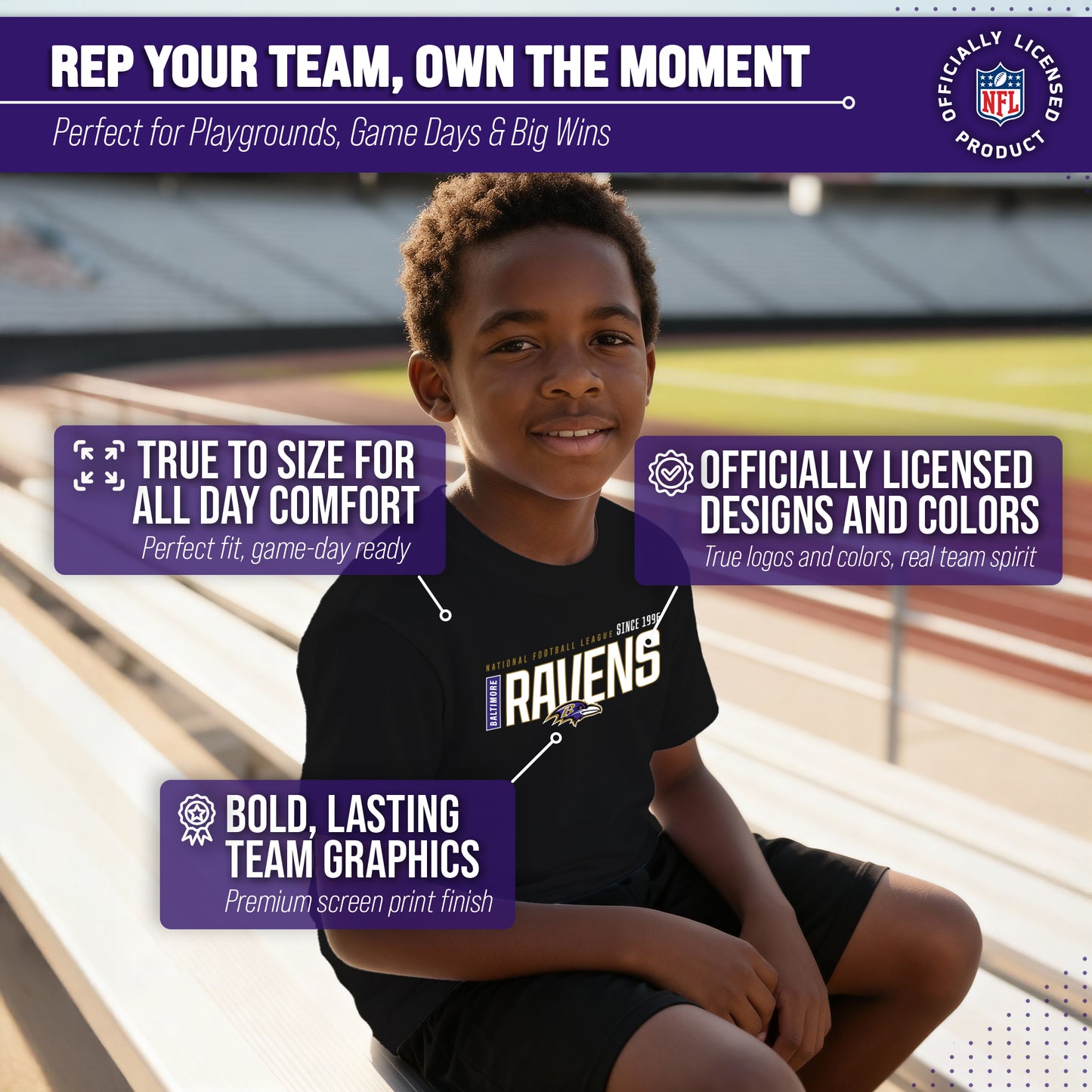 Baltimore Ravens NFL Youth Modern Endzone Football T-Shirt Unisex Tag Free Comfortable - Black