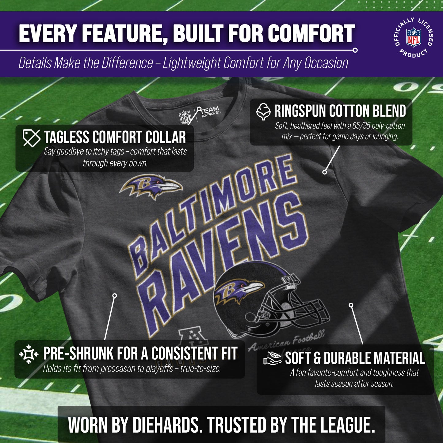 Baltimore Ravens NFL Adult Distressed Helmet Tag-Less T-Shirt - Heather Charcoal