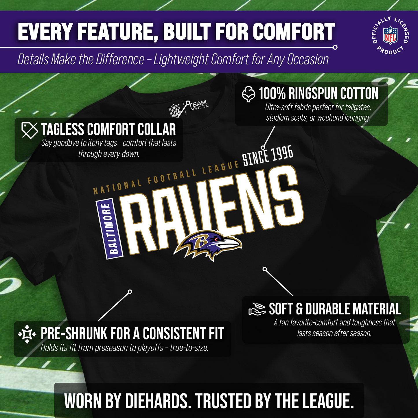 Baltimore Ravens NFL Adult Modern Endzone Tag-Less T-Shirt - Black