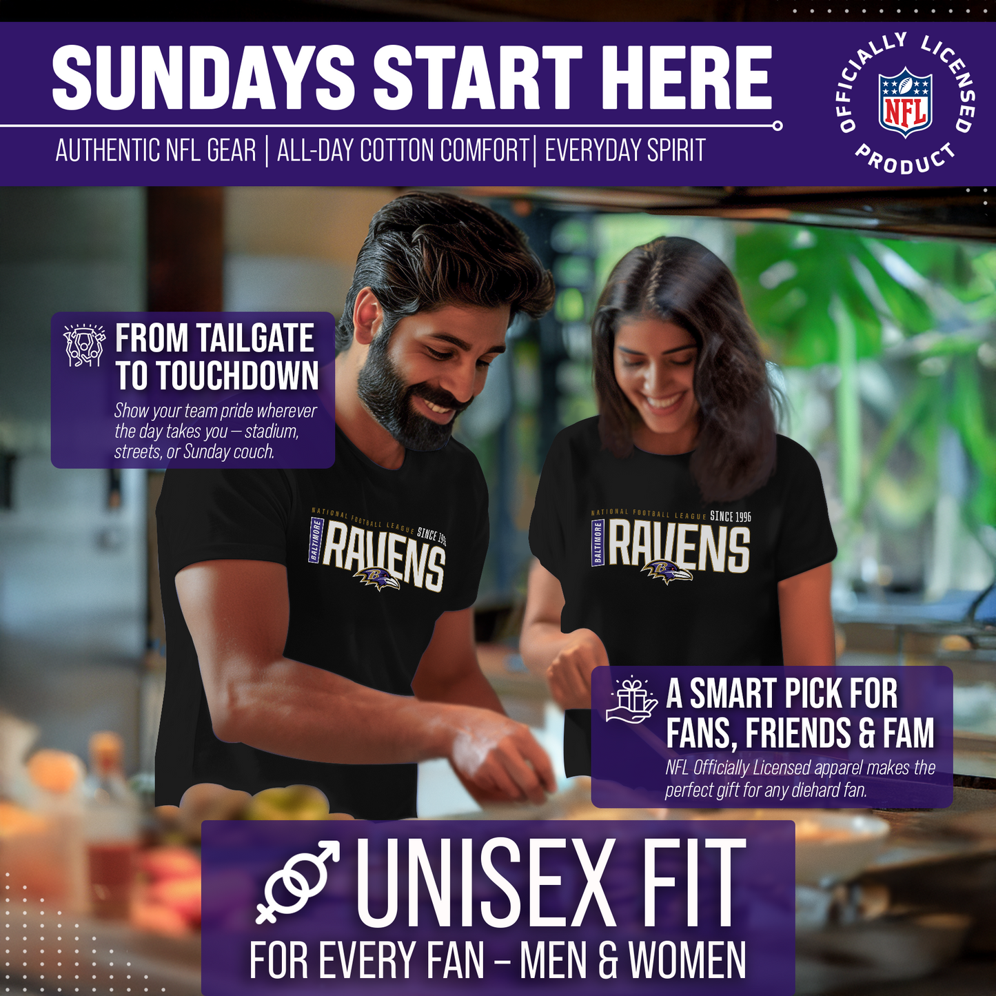 Baltimore Ravens NFL Adult Modern Endzone Tag-Less T-Shirt - Black