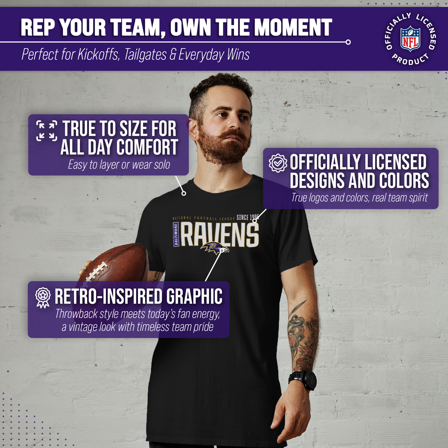 Baltimore Ravens NFL Adult Modern Endzone Tag-Less T-Shirt - Black