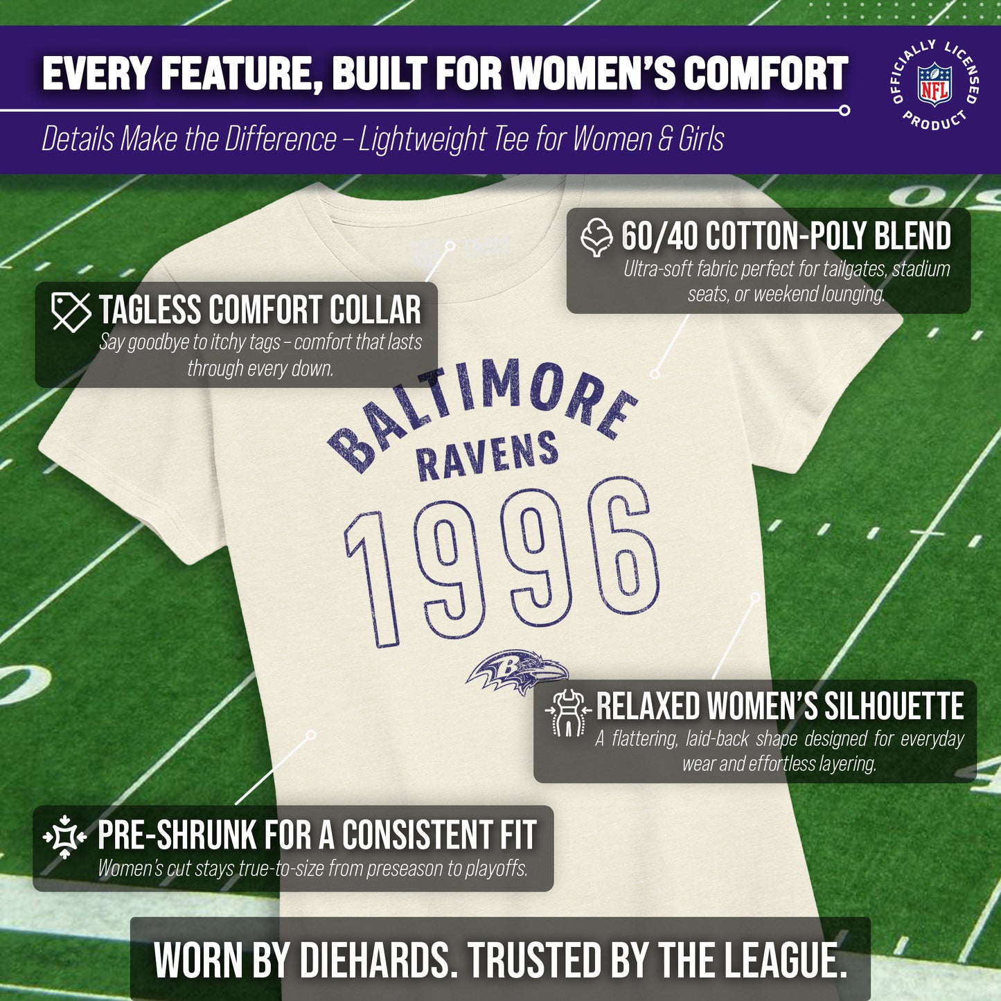 Baltimore Ravens NFL Womens Big Date Tag-Less T-Shirt - Natural