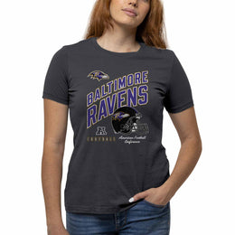 Baltimore Ravens NFL Womens Distressed Helmet Tag-Less Soft T-Shirt - Heather Charcoal