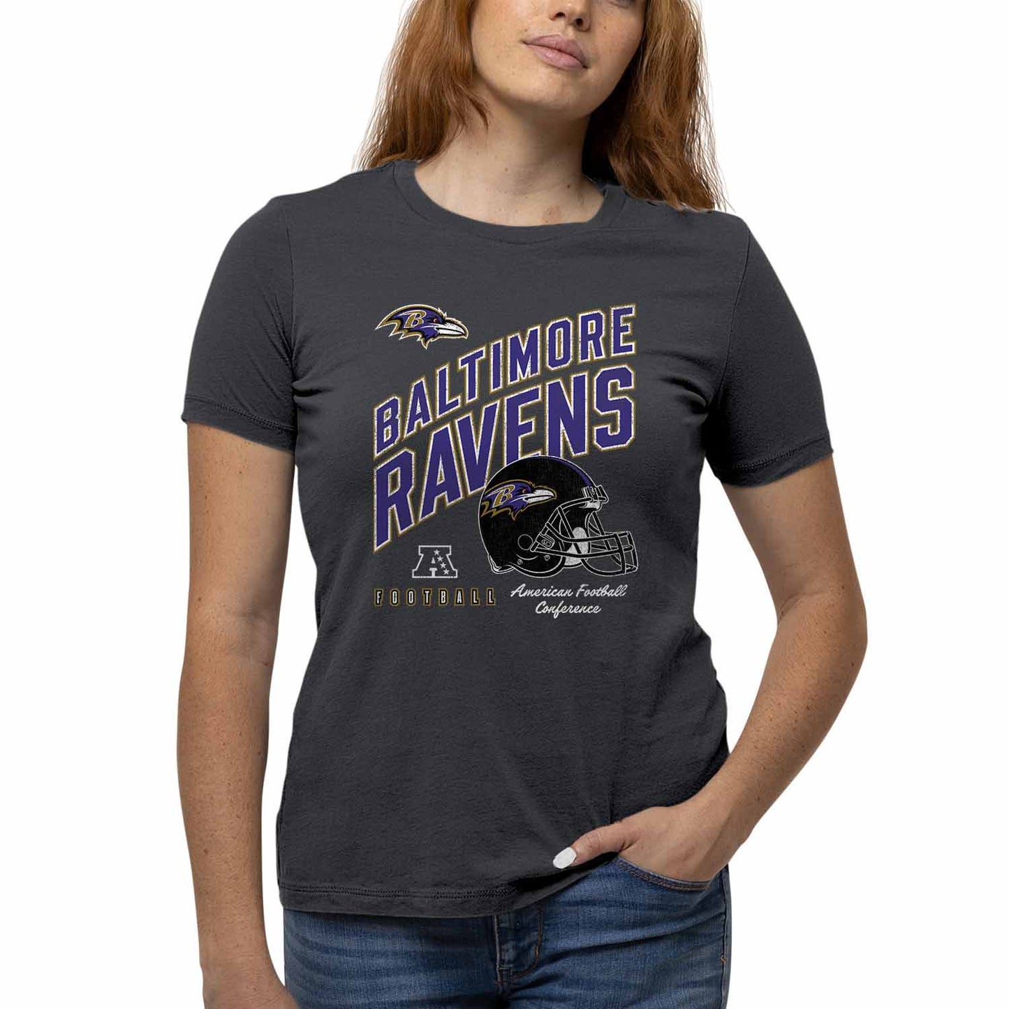 Baltimore Ravens NFL Womens Distressed Helmet Tag-Less Soft T-Shirt - Heather Charcoal