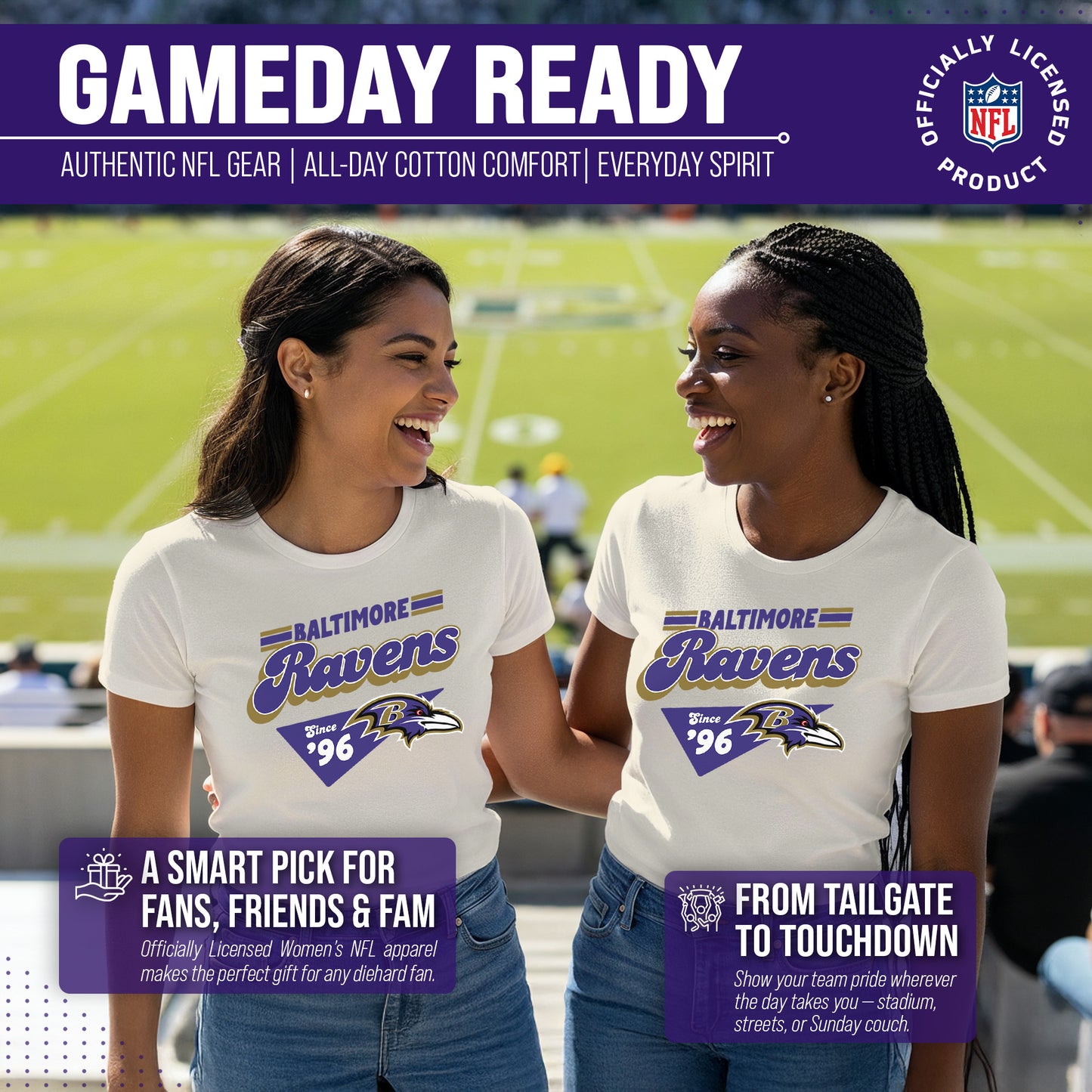 Baltimore Ravens NFL Womens Vintage Charm Tag-Less Soft T-Shirt - Birch