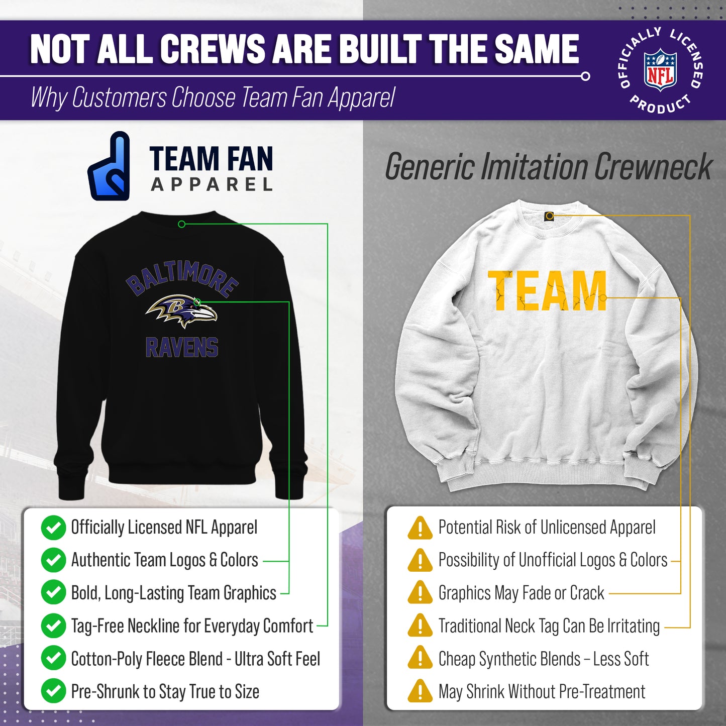Baltimore Ravens NFL Gameday Adult Crewneck Sweatshirt - Black